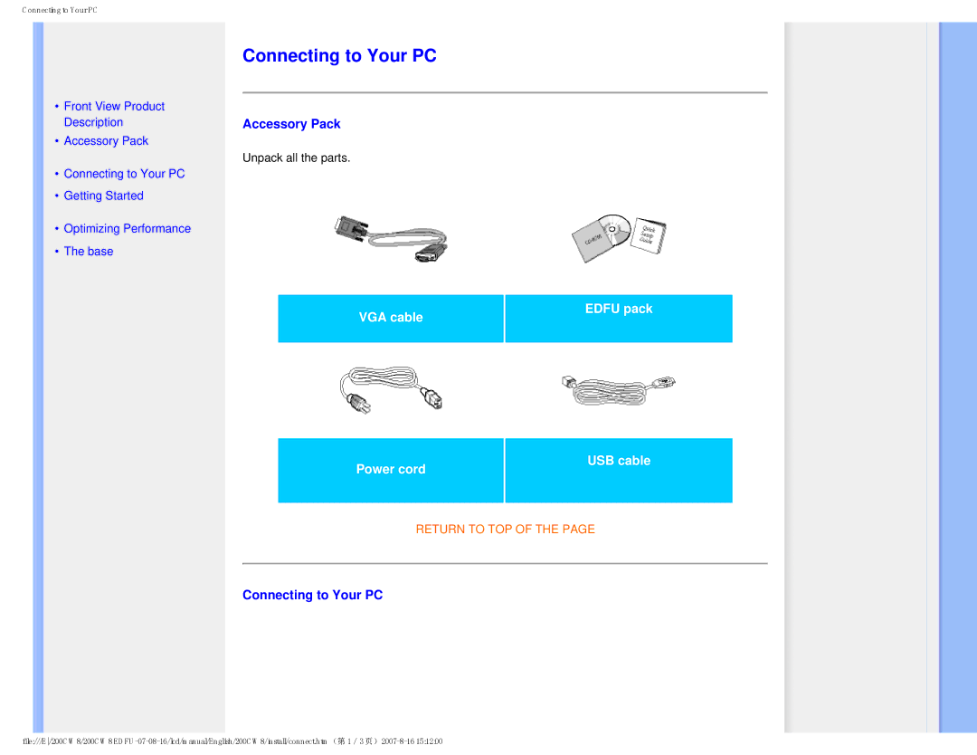 Philips HWC8200T, 200CW8 user manual Connecting to Your PC, Accessory Pack 