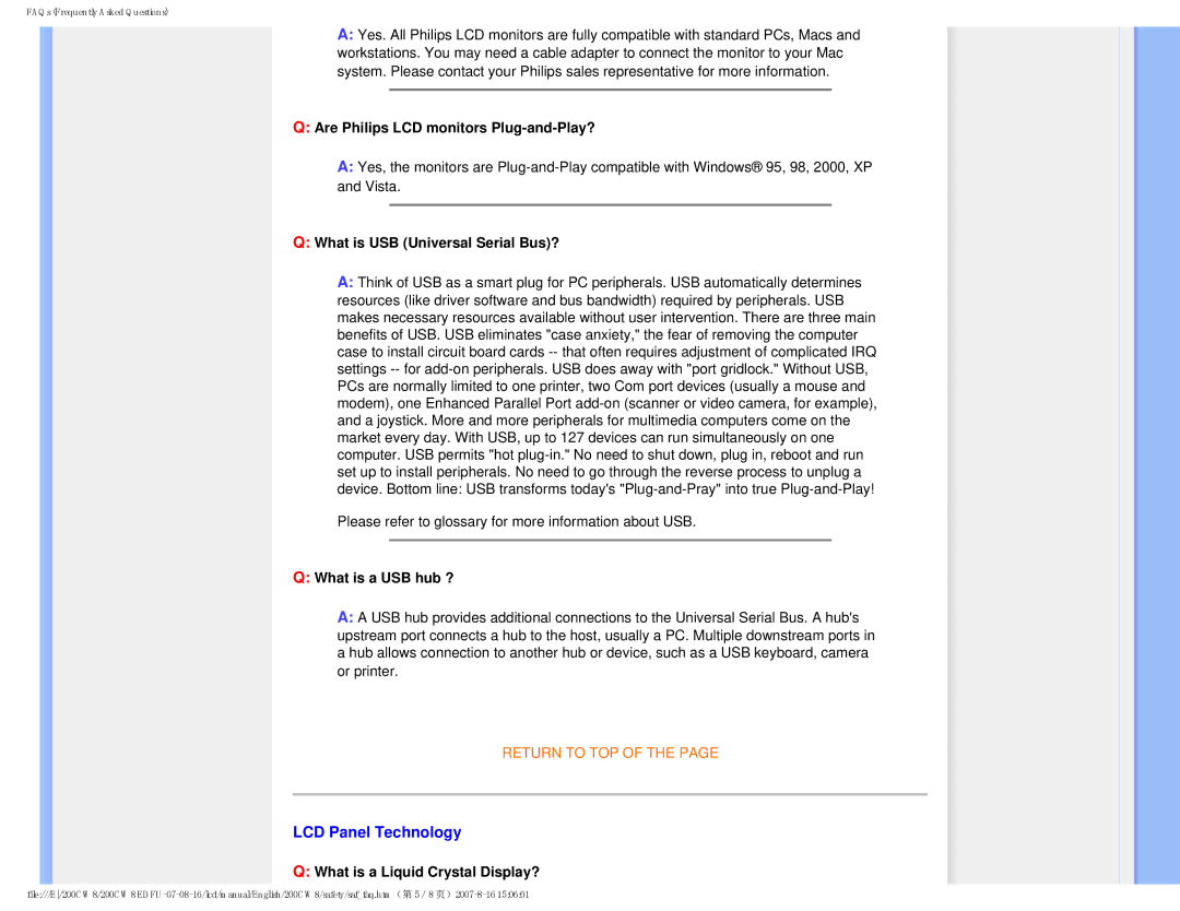 Philips HWC8200T, 200CW8 LCD Panel Technology, Are Philips LCD monitors Plug-and-Play?, What is USB Universal Serial Bus? 