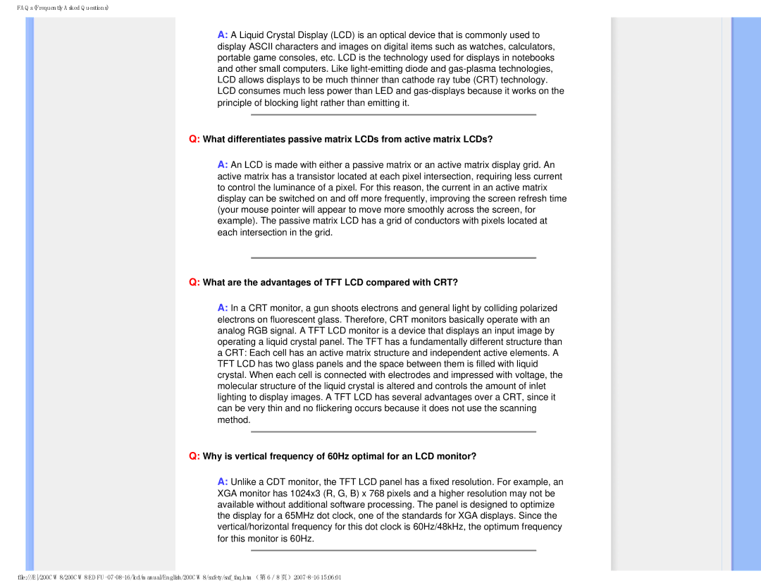 Philips 200CW8, HWC8200T user manual What are the advantages of TFT LCD compared with CRT? 