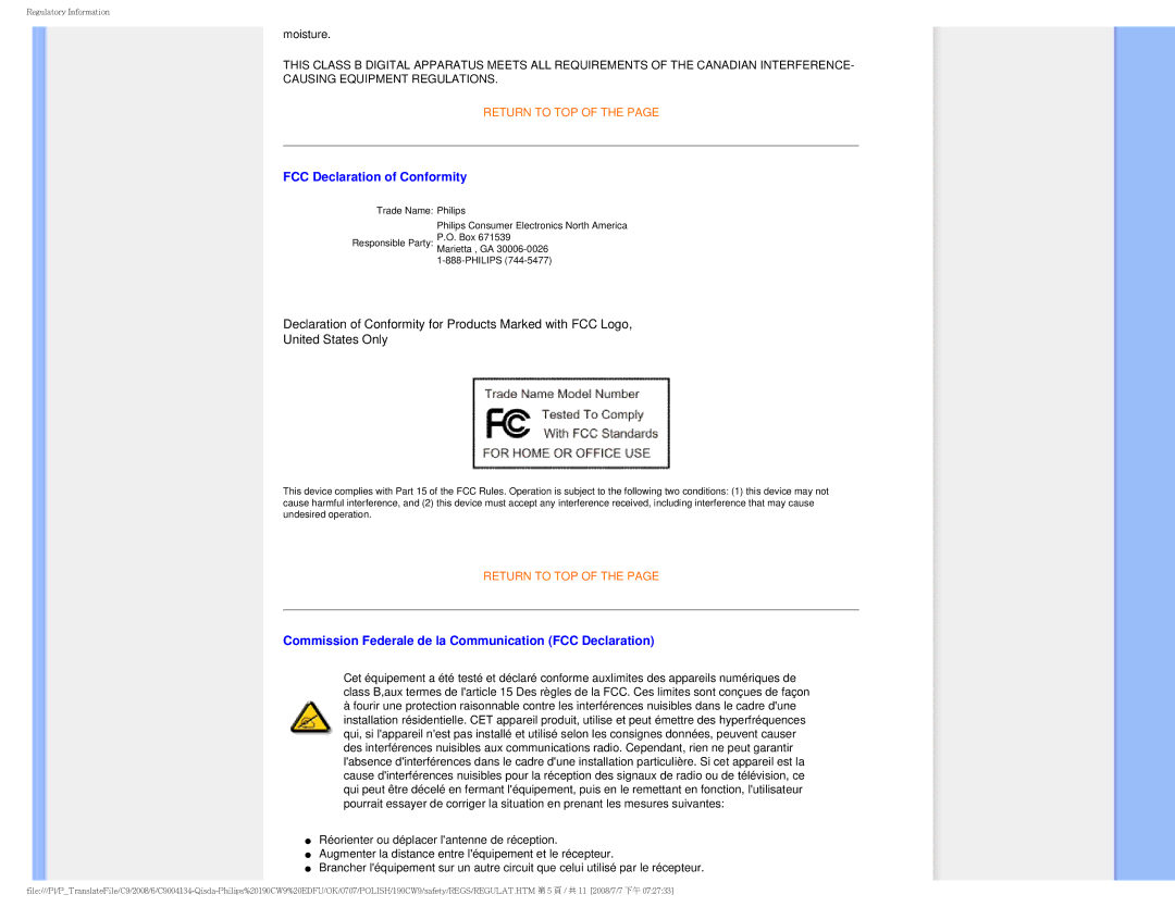 Philips HWC9190I user manual FCC Declaration of Conformity, Commission Federale de la Communication FCC Declaration 