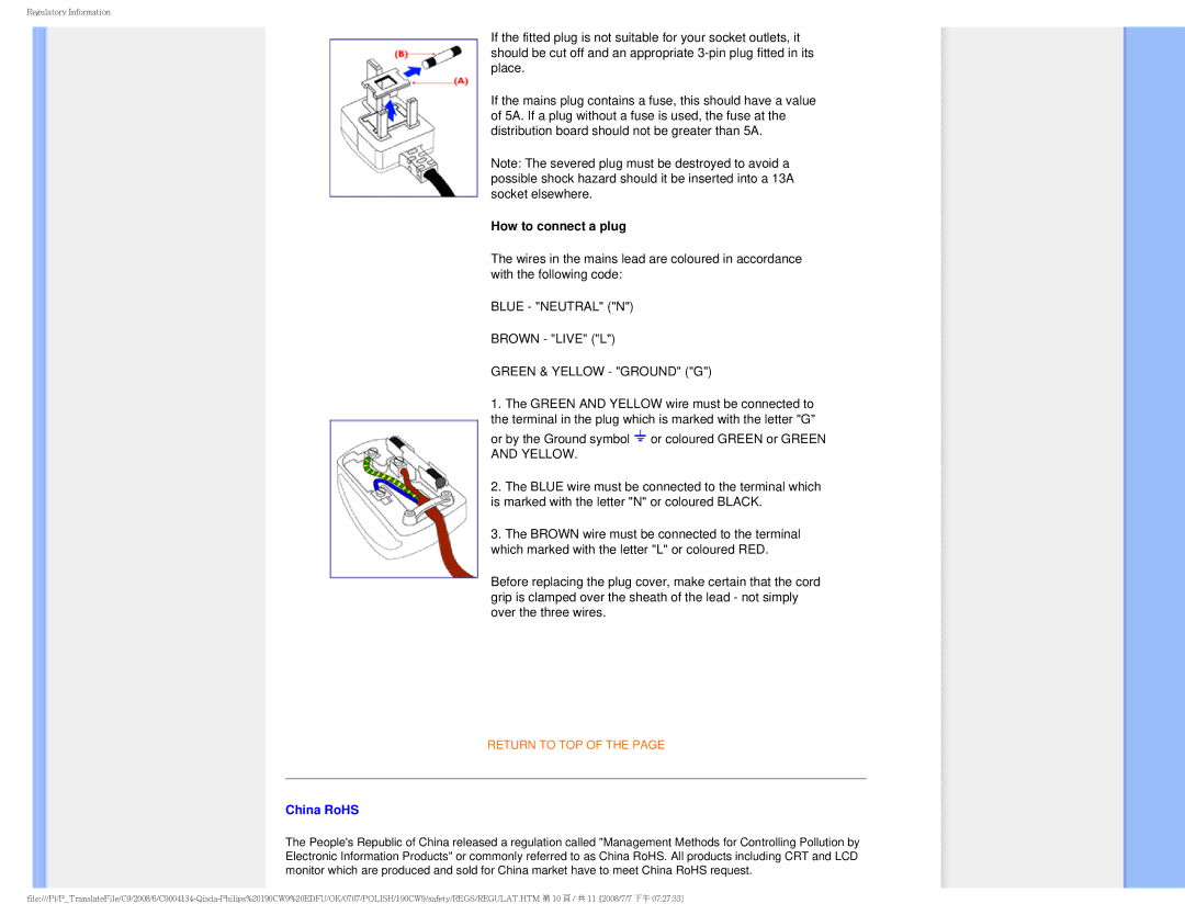 Philips HWC9190I user manual How to connect a plug, China RoHS 