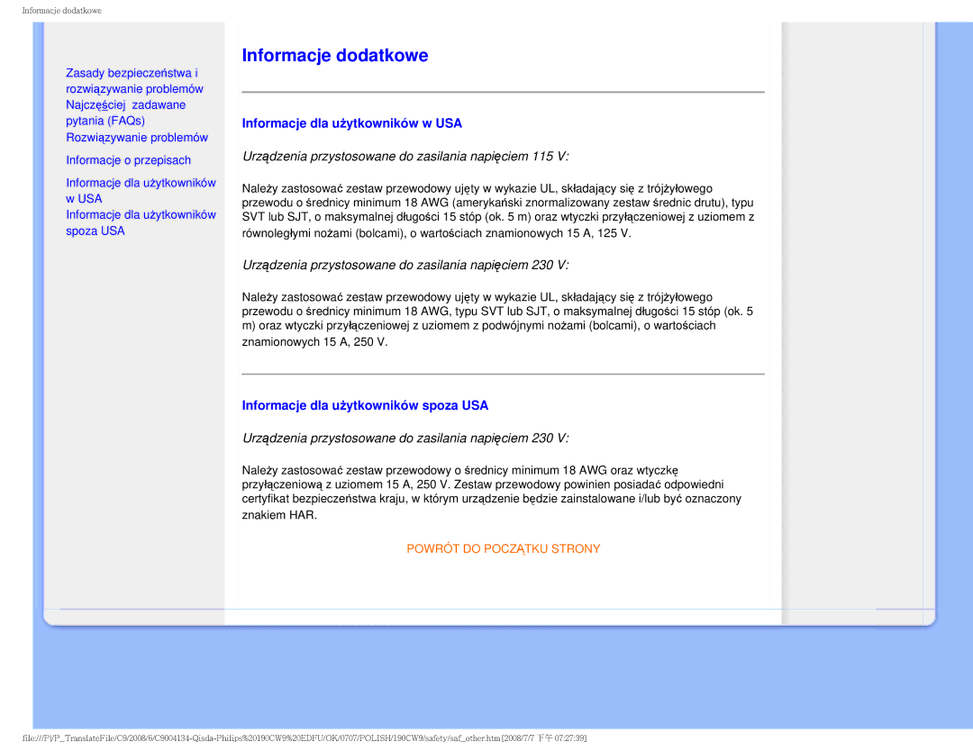 Philips HWC9190I user manual Informacje dodatkowe, Informacje dla użytkowników w USA, Informacje dla użytkowników spoza USA 