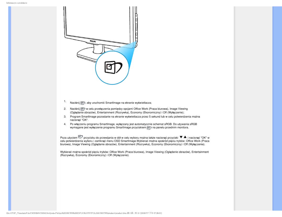 Philips HWC9190I user manual Informacje o produkcie 