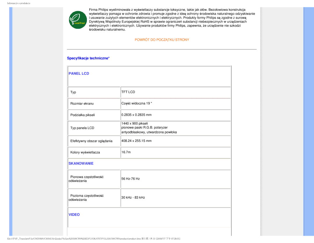 Philips HWC9190I user manual Specyfikacje techniczne, Panel LCD 