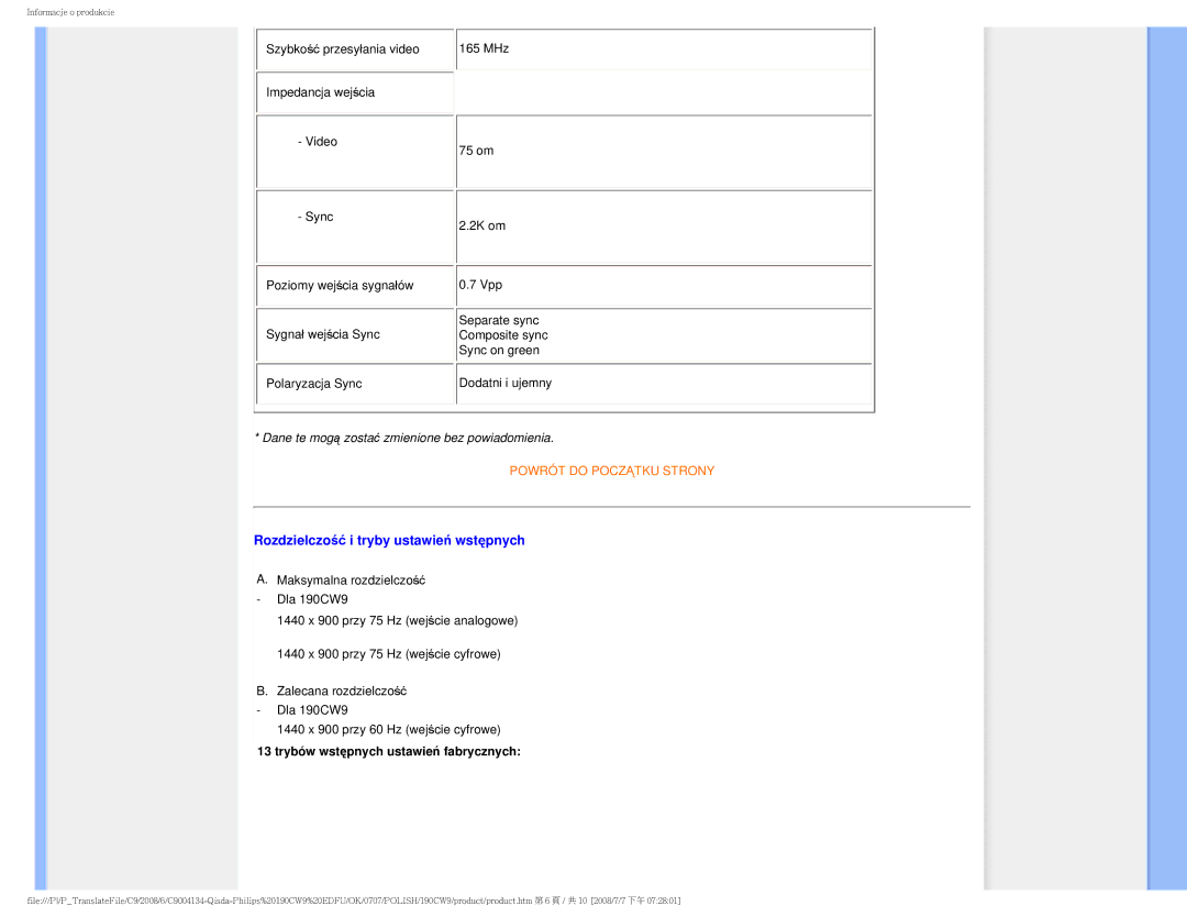 Philips HWC9190I user manual Rozdzielczość i tryby ustawień wstępnych, Trybów wstępnych ustawień fabrycznych 