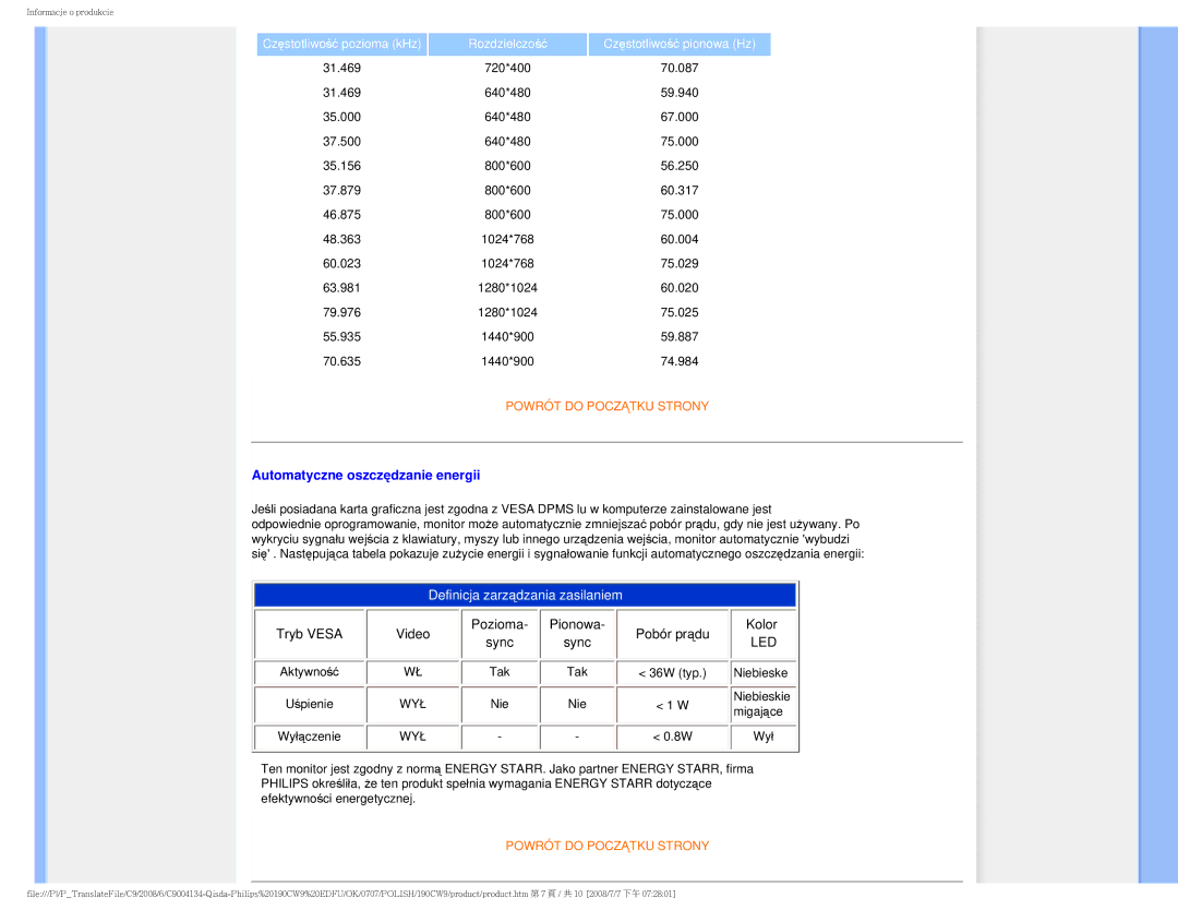 Philips HWC9190I user manual Automatyczne oszczędzanie energii, Definicja zarządzania zasilaniem 