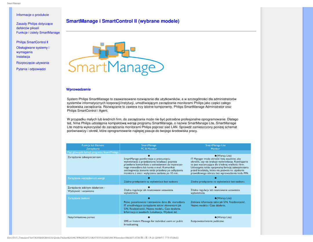 Philips HWC9190I user manual SmartManage i SmartControl II wybrane modele, Wprowadzenie 