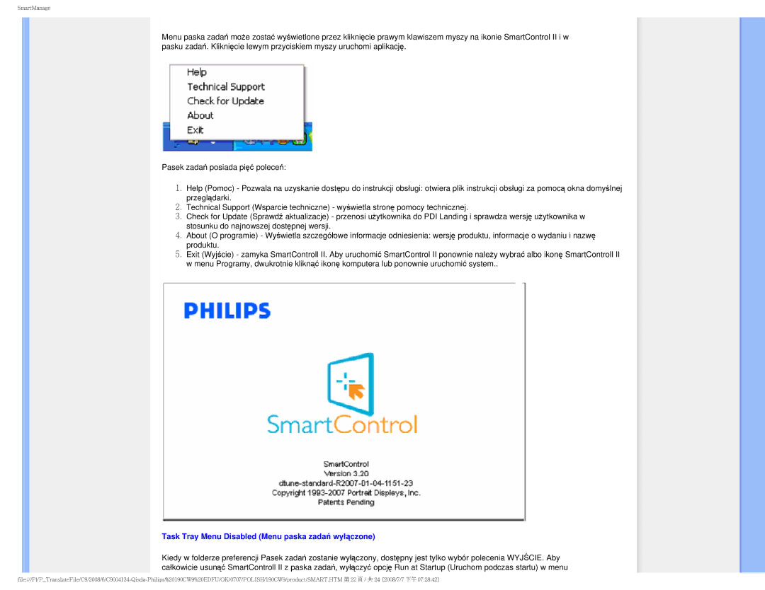 Philips HWC9190I user manual Task Tray Menu Disabled Menu paska zadań wyłączone 