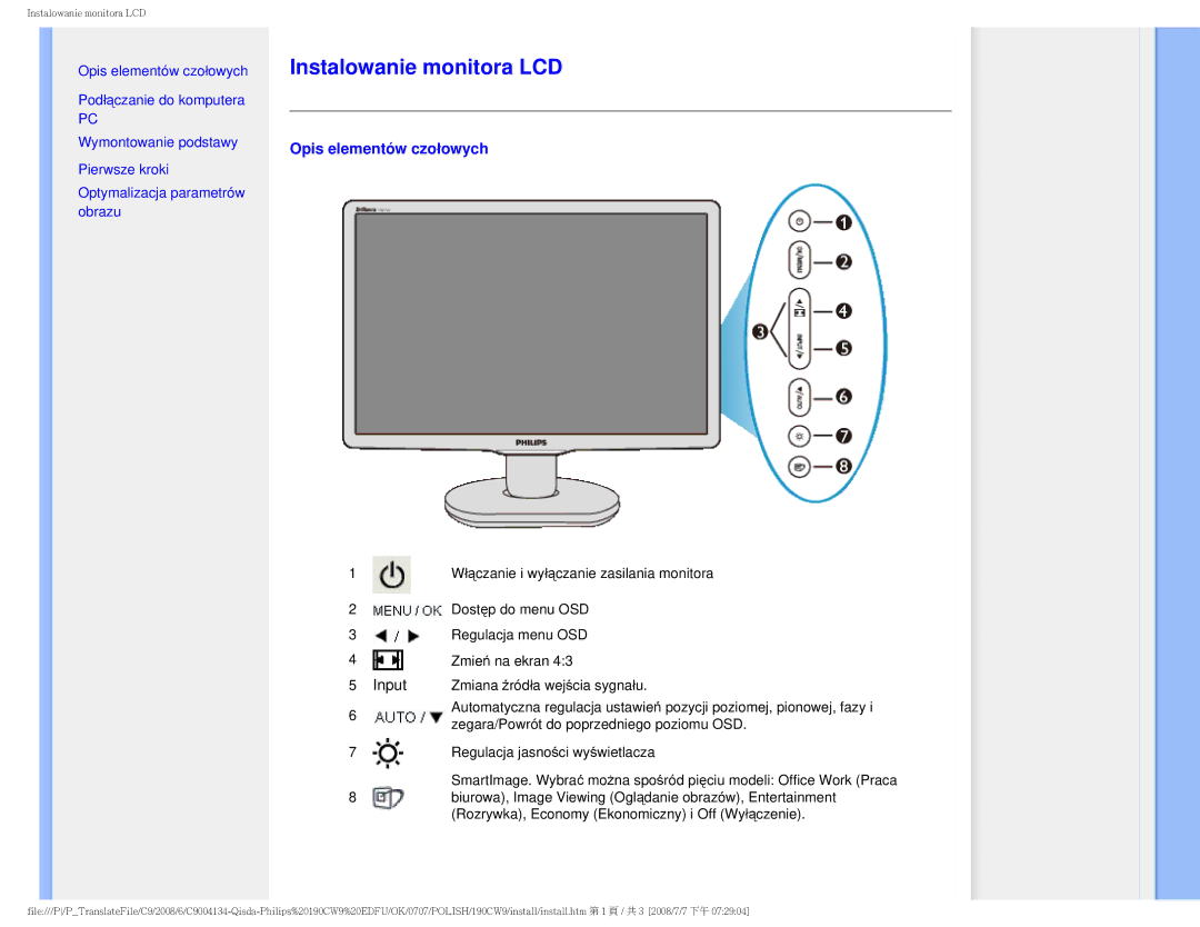 Philips HWC9190I user manual Instalowanie monitora LCD, Input 