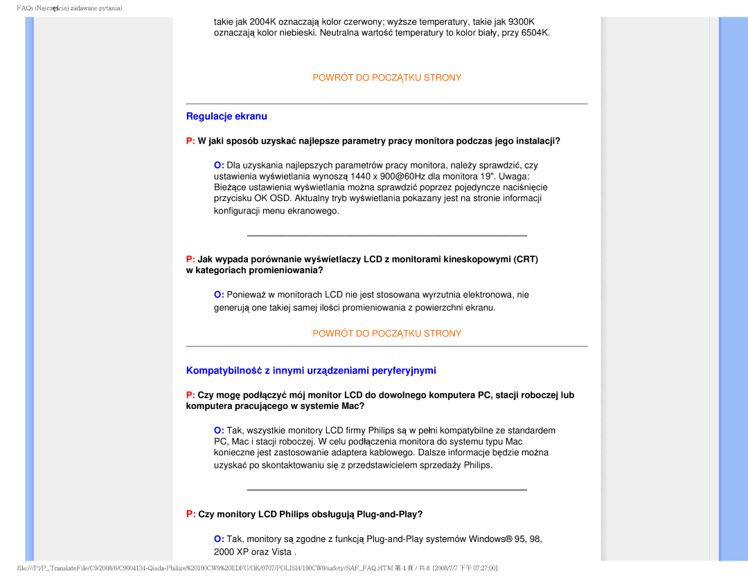 Philips HWC9190I user manual Regulacje ekranu, Kompatybilność z innymi urządzeniami peryferyjnymi 