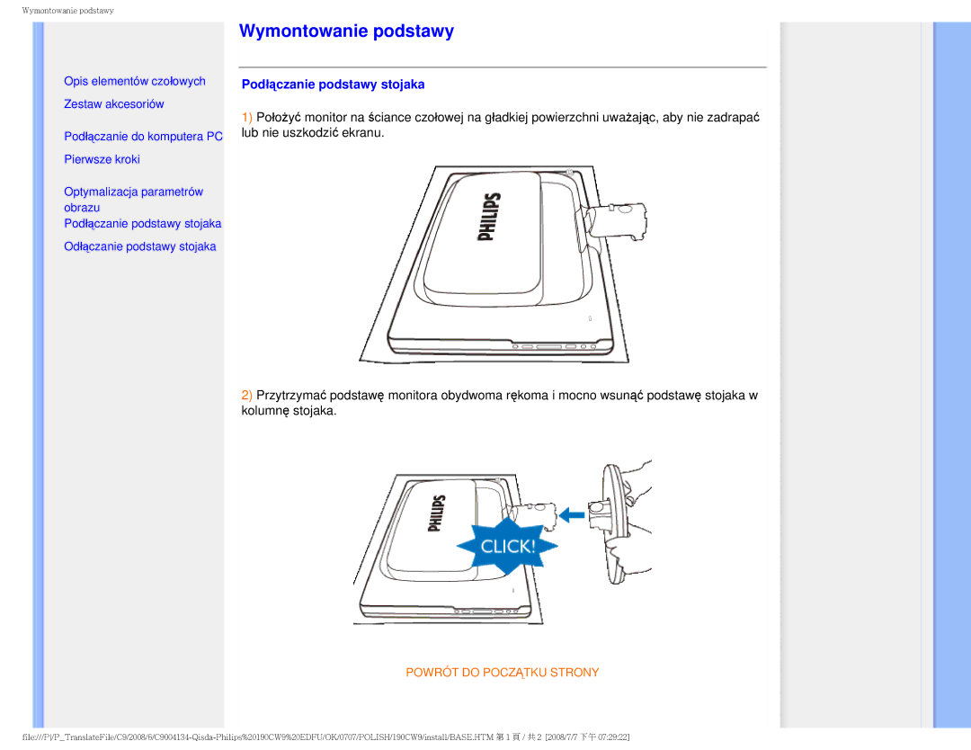 Philips HWC9190I user manual Wymontowanie podstawy, Podłączanie podstawy stojaka 