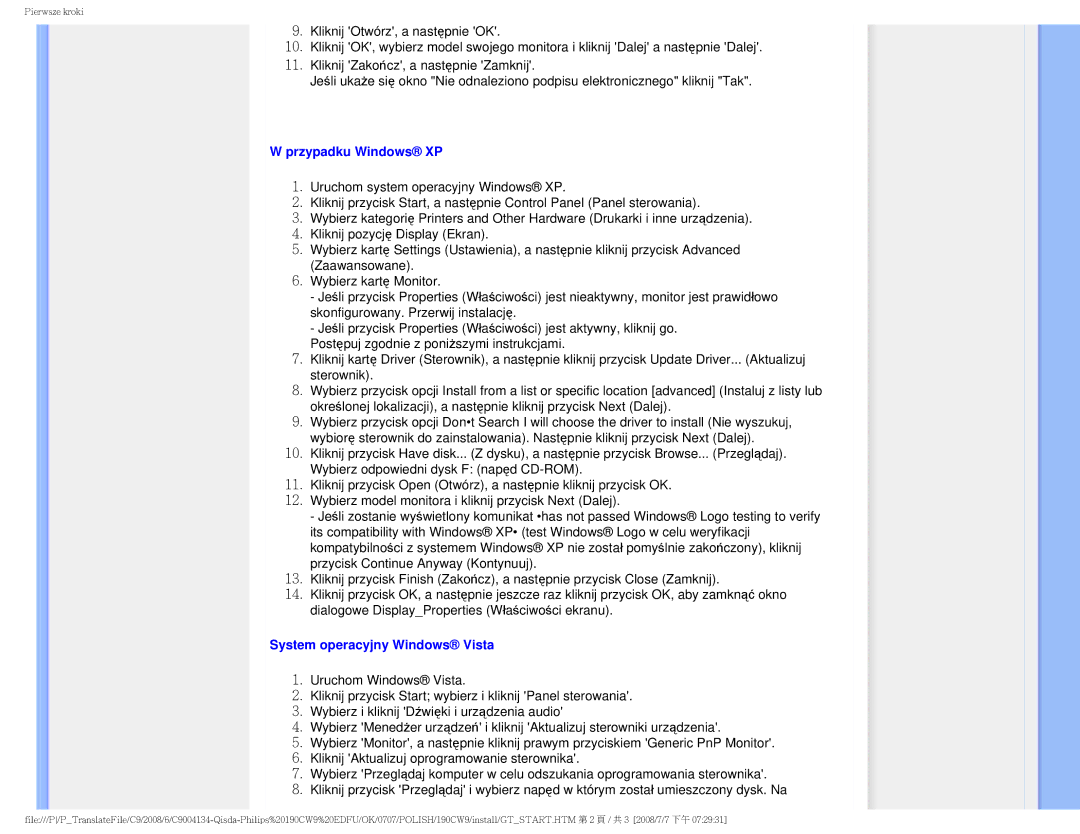 Philips HWC9190I user manual Przypadku Windows XP 