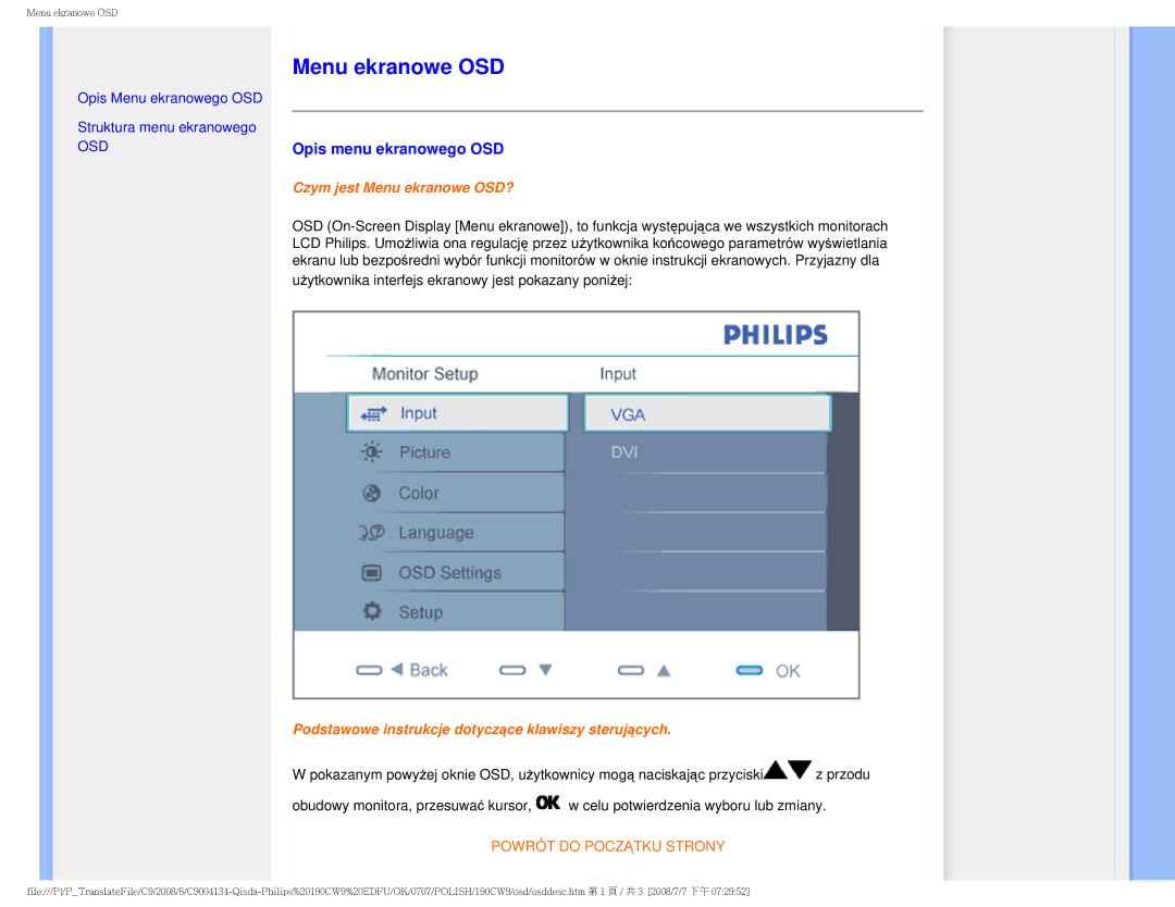 Philips HWC9190I Menu ekranowe OSD, Opis menu ekranowego OSD, Użytkownika interfejs ekranowy jest pokazany poniżej 