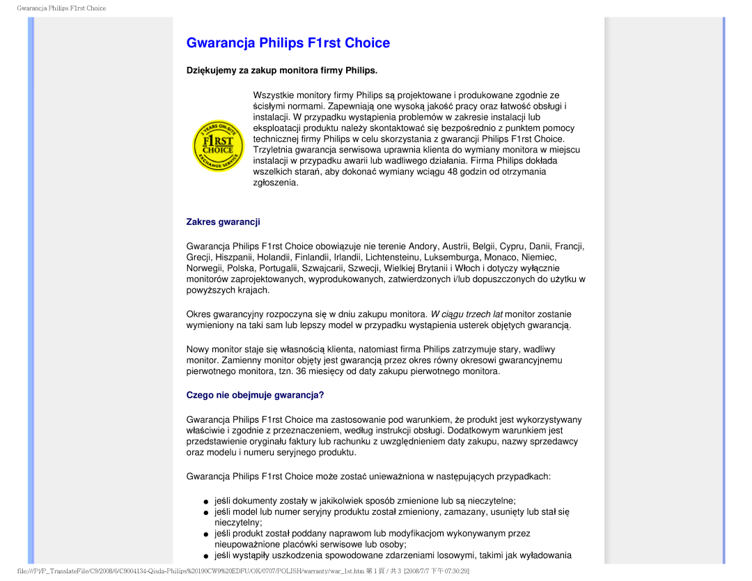 Philips HWC9190I user manual Gwarancja Philips F1rst Choice, Dziękujemy za zakup monitora firmy Philips 