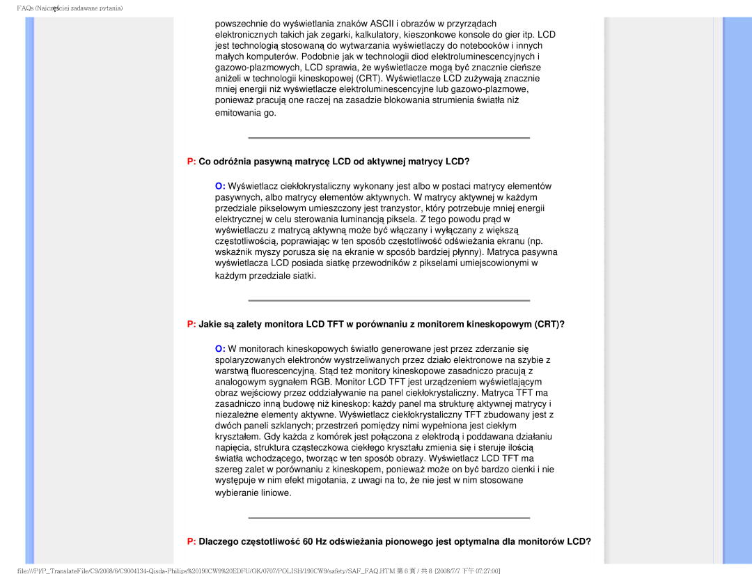 Philips HWC9190I user manual Emitowania go, Co odróżnia pasywną matrycę LCD od aktywnej matrycy LCD? 