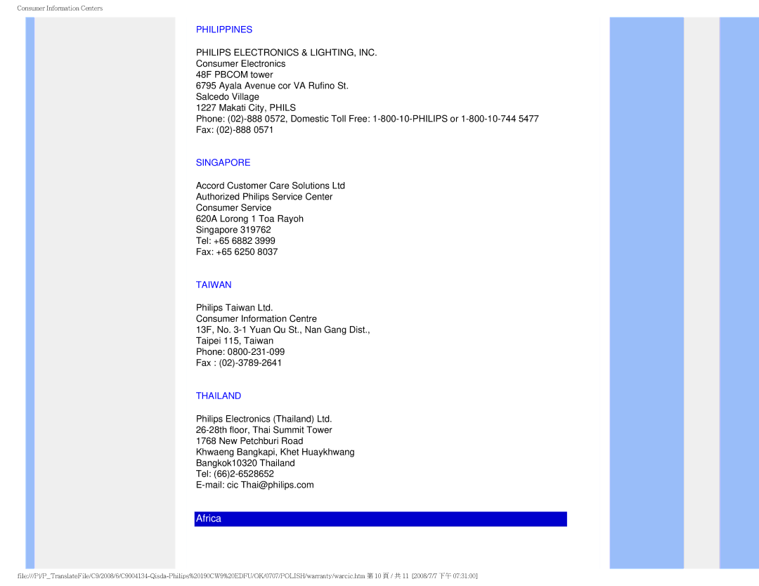 Philips HWC9190I user manual Philippines, Singapore, Taiwan, Thailand 