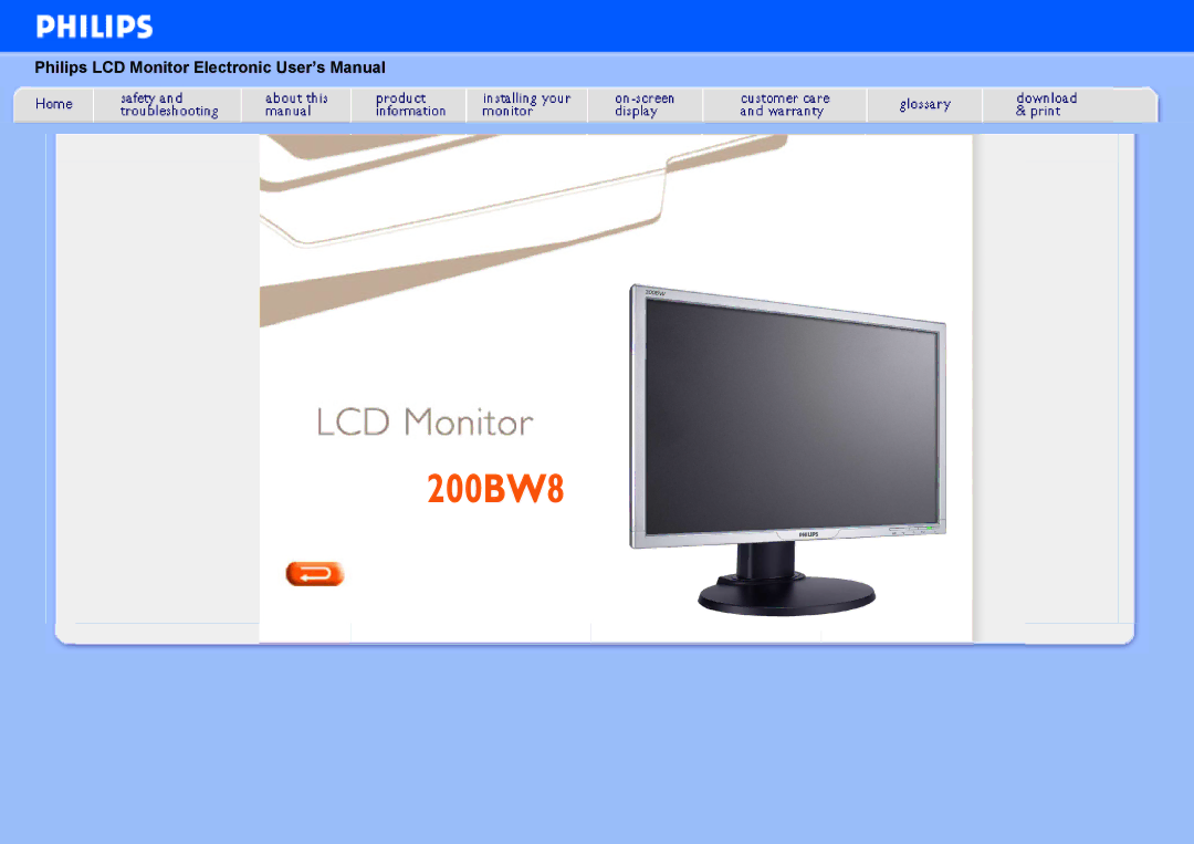 Philips HWS8200Q user manual 200BW8, Philips LCD Monitor Electronic User’s Manual 
