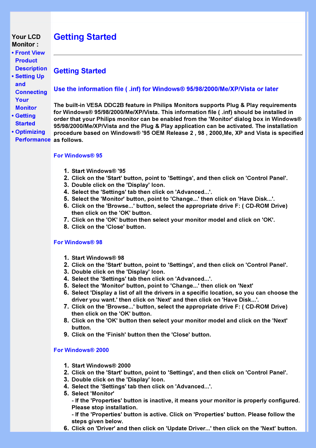 Philips HWS8200Q user manual Your LCD Monitor, For Windows 