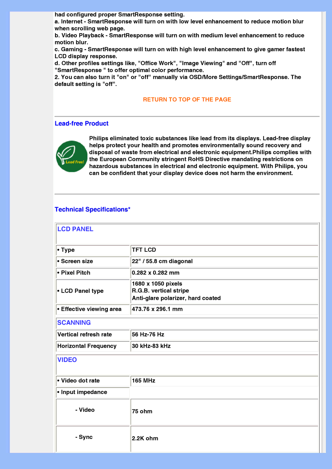 Philips HWS8220Q user manual Lead-free Product, Technical Specifications 