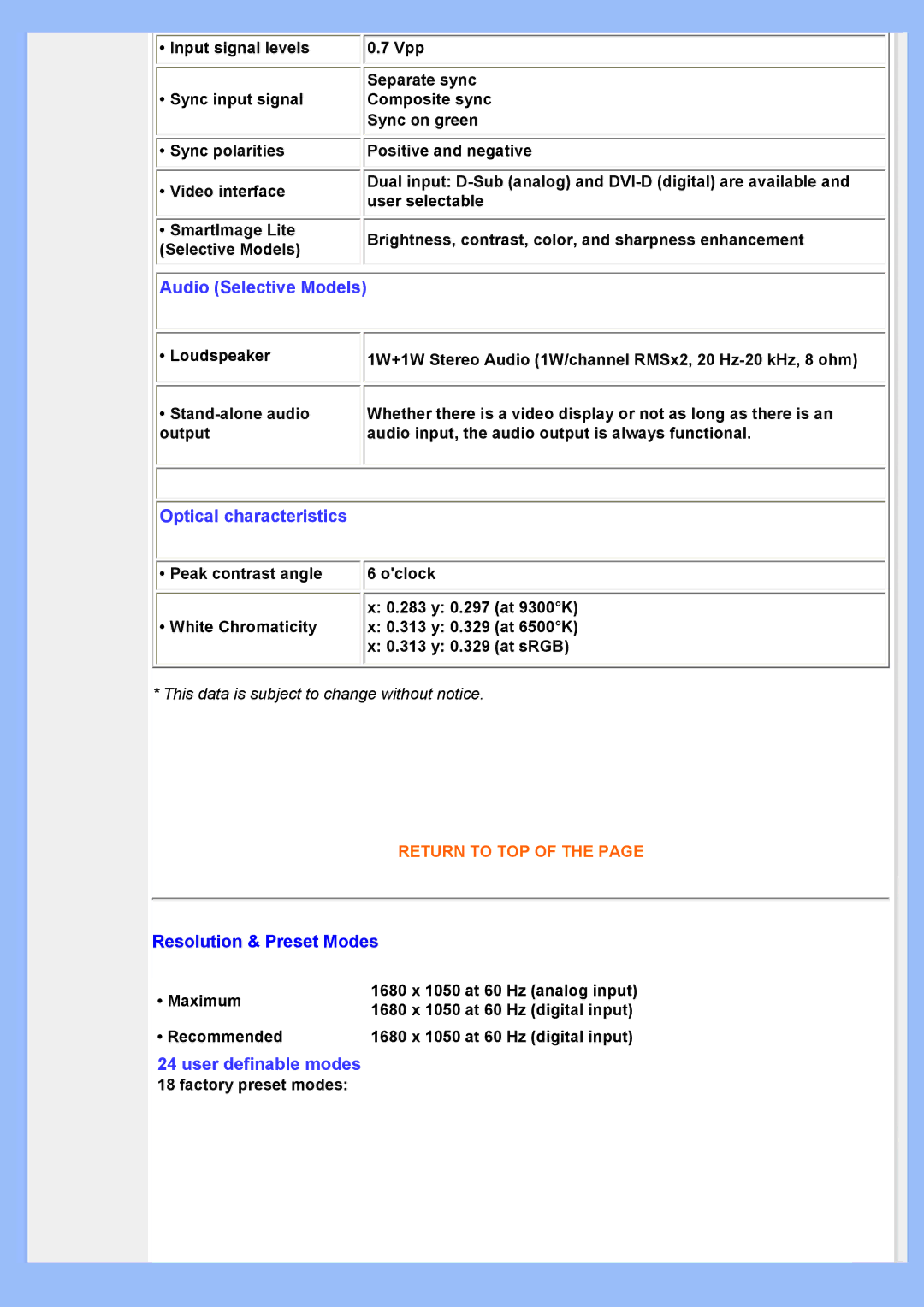 Philips HWS8220Q user manual Audio Selective Models, Resolution & Preset Modes 