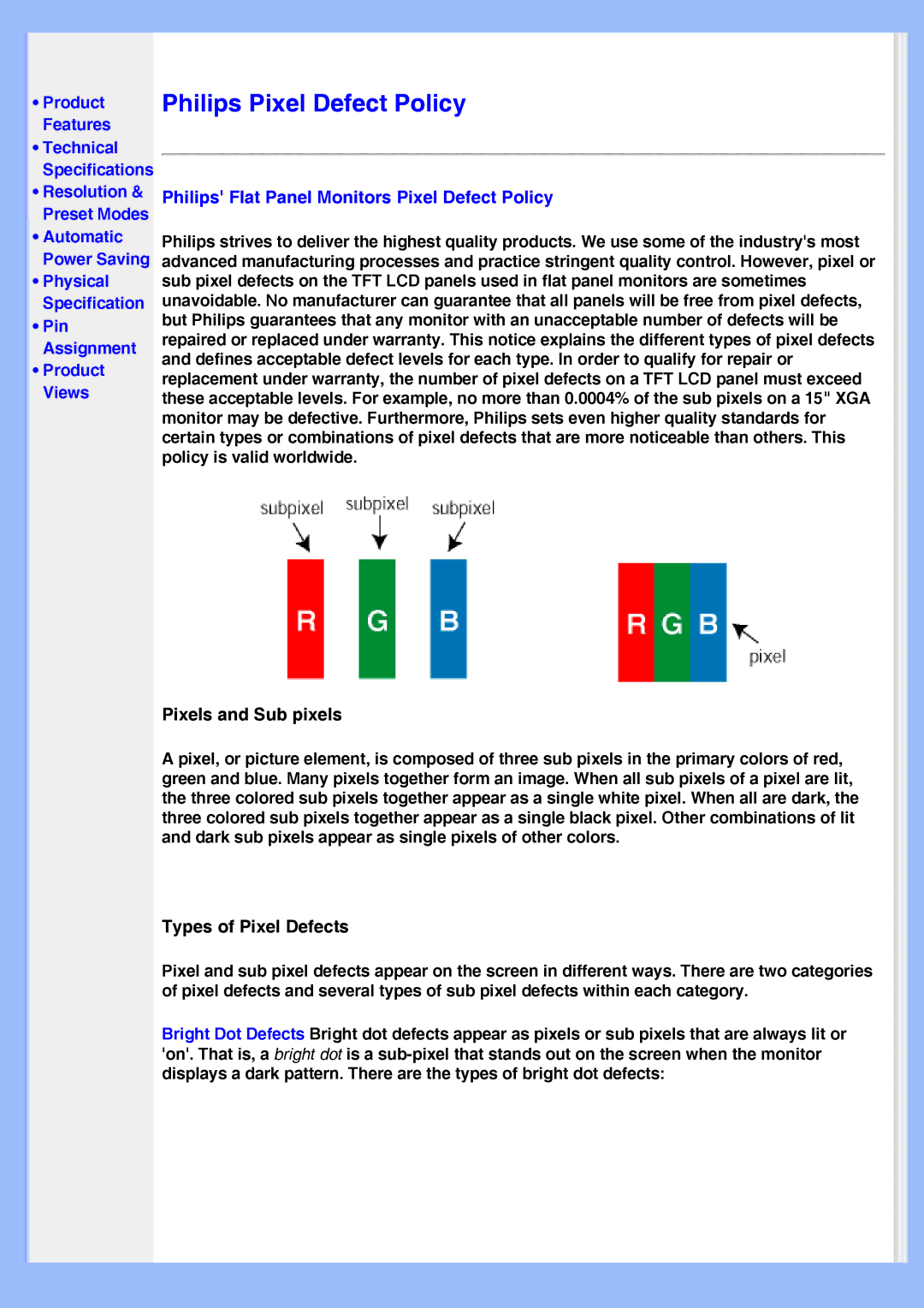 Philips HWS8220Q user manual Philips Pixel Defect Policy, Philips Flat Panel Monitors Pixel Defect Policy 