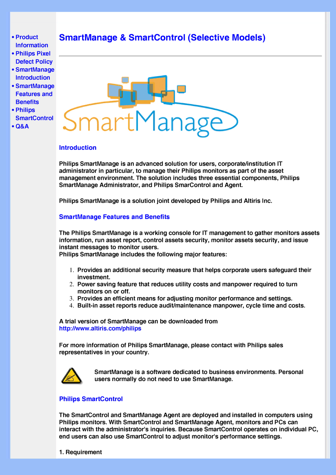 Philips HWS8220Q user manual Introduction, SmartManage Features and Benefits, Philips SmartControl 
