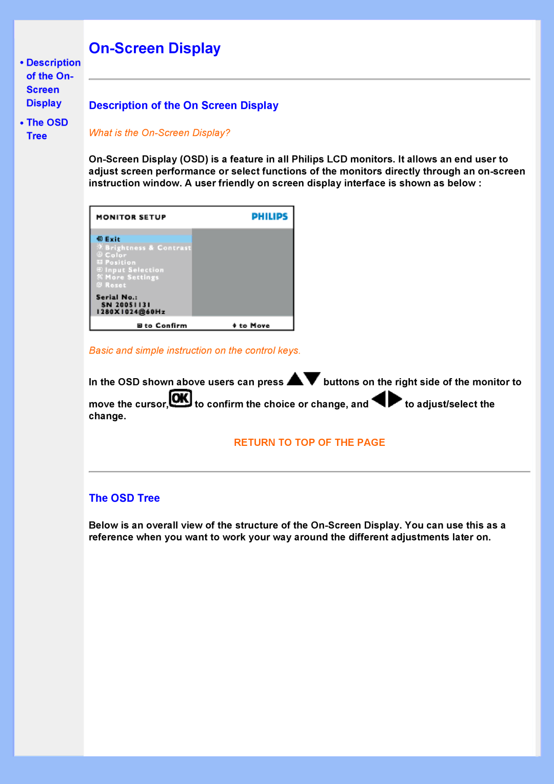 Philips HWS8220Q user manual Description of the On Screen Display, OSD Tree 