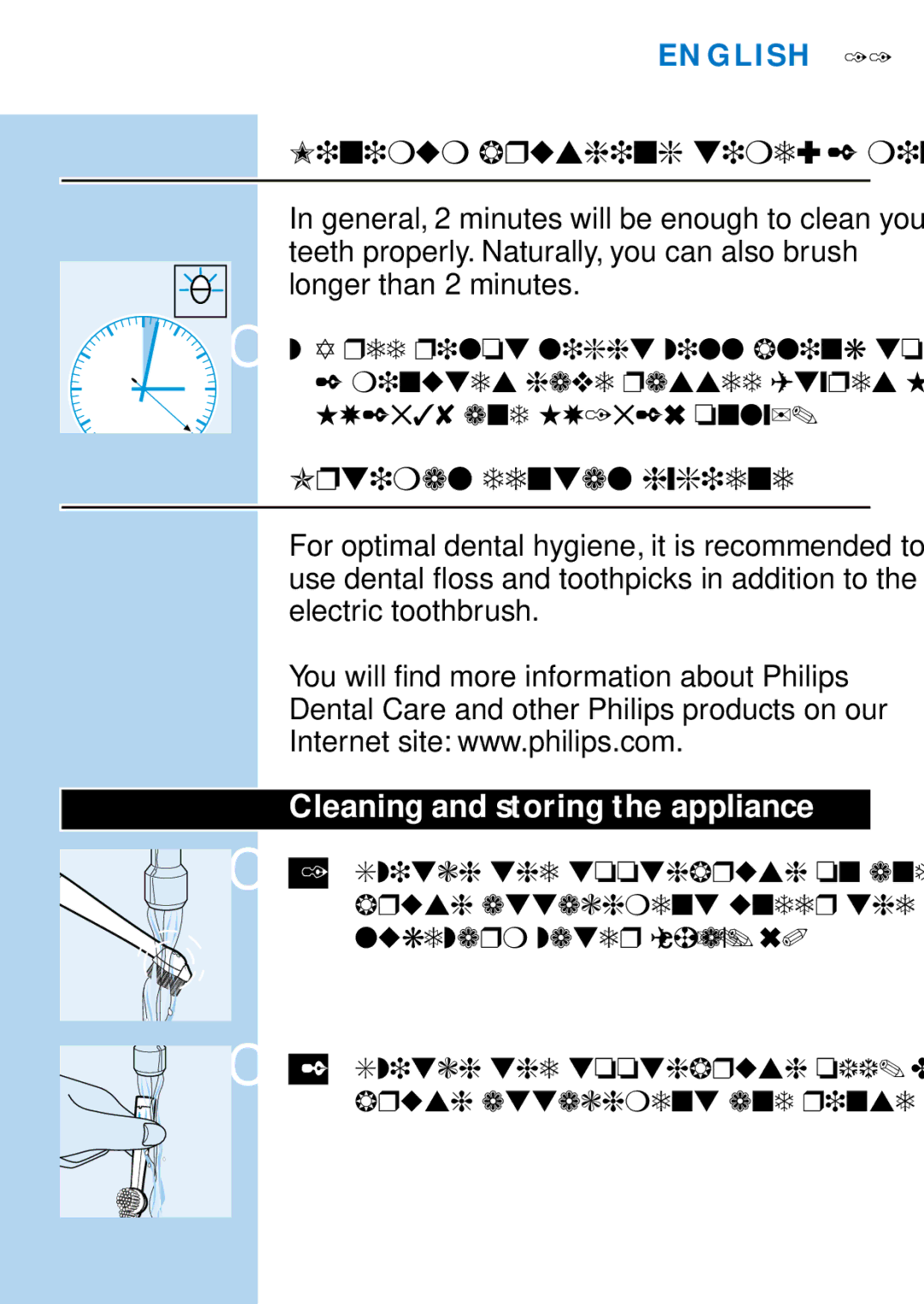 Philips HX2538, HX1511, HX1510 Minimum brushing time 2 minutes, Optimal dental hygiene, Cleaning and storing the appliance 