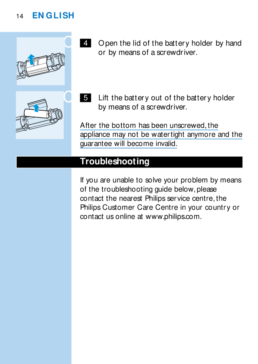 Philips HX1526, HX1511, HX1510, HX1515, HX2538, HX2585, HX1513, HX1514 manual Troubleshooting 