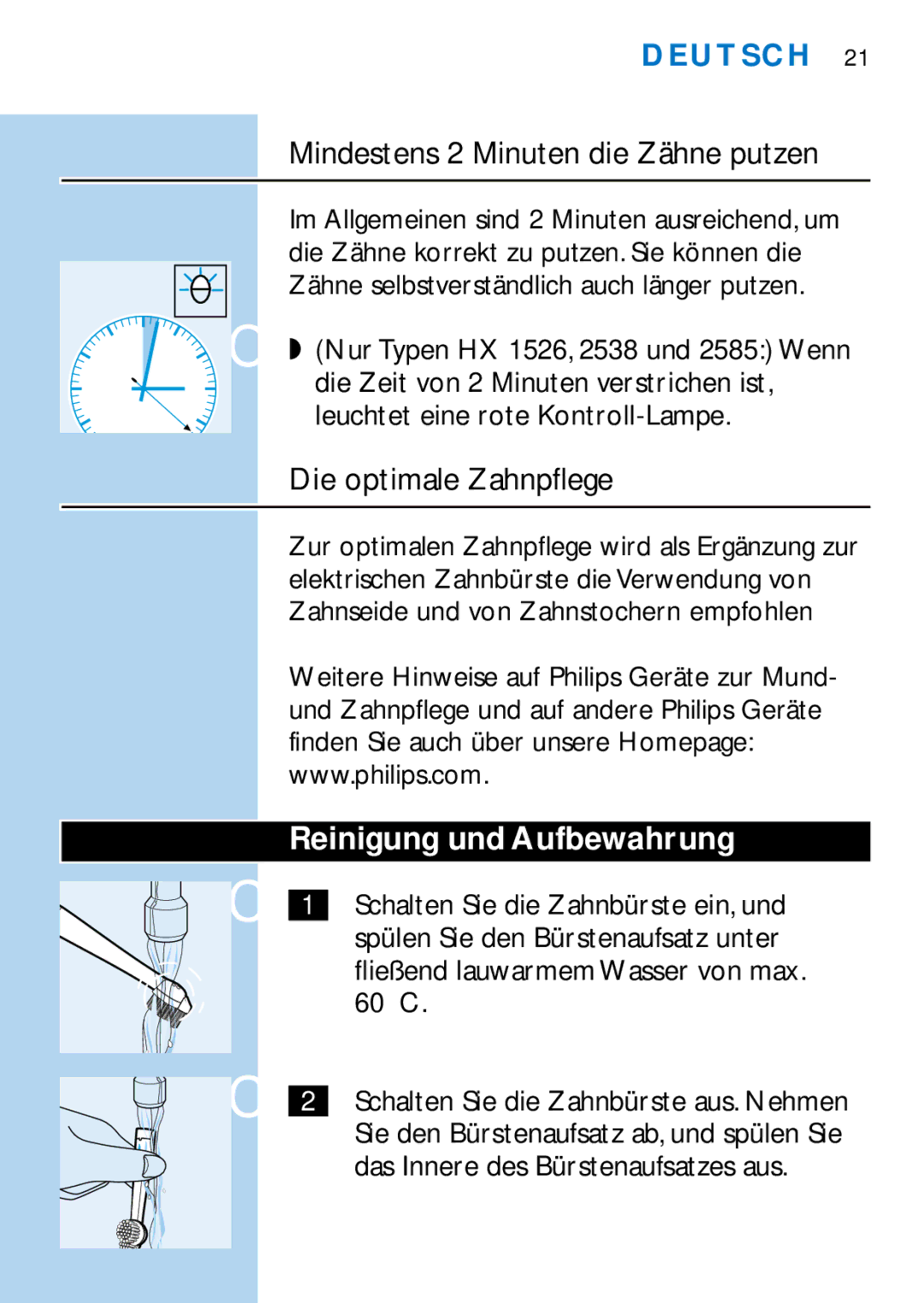 Philips HX1513, HX1511, HX1510 Mindestens 2 Minuten die Zähne putzen, Die optimale Zahnpflege, Reinigung und Aufbewahrung 