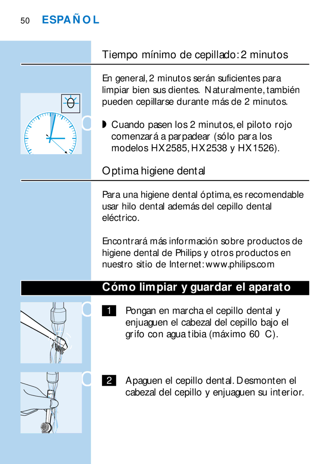 Philips HX1515, HX1511 manual Tiempo mínimo de cepillado 2 minutos, Optima higiene dental, Cómo limpiar y guardar el aparato 