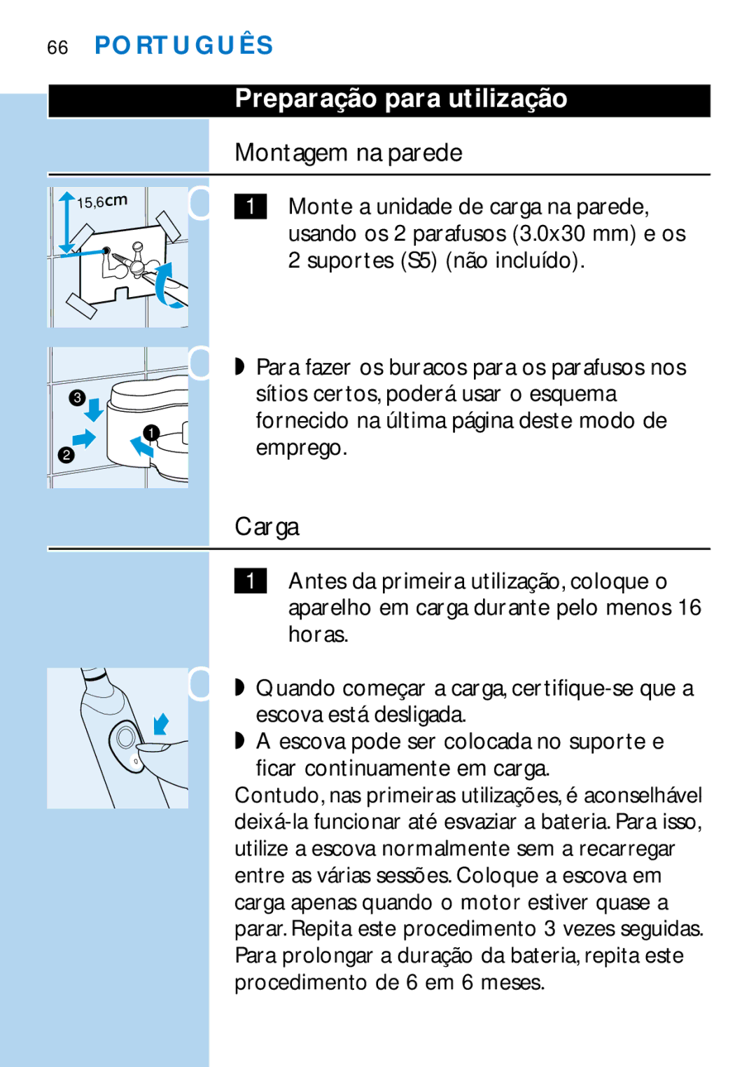 Philips HX1515, HX1511, HX1510, HX2538, HX2585, HX1513, HX1526, HX1514 Preparação para utilização, Montagem na parede, Carga 