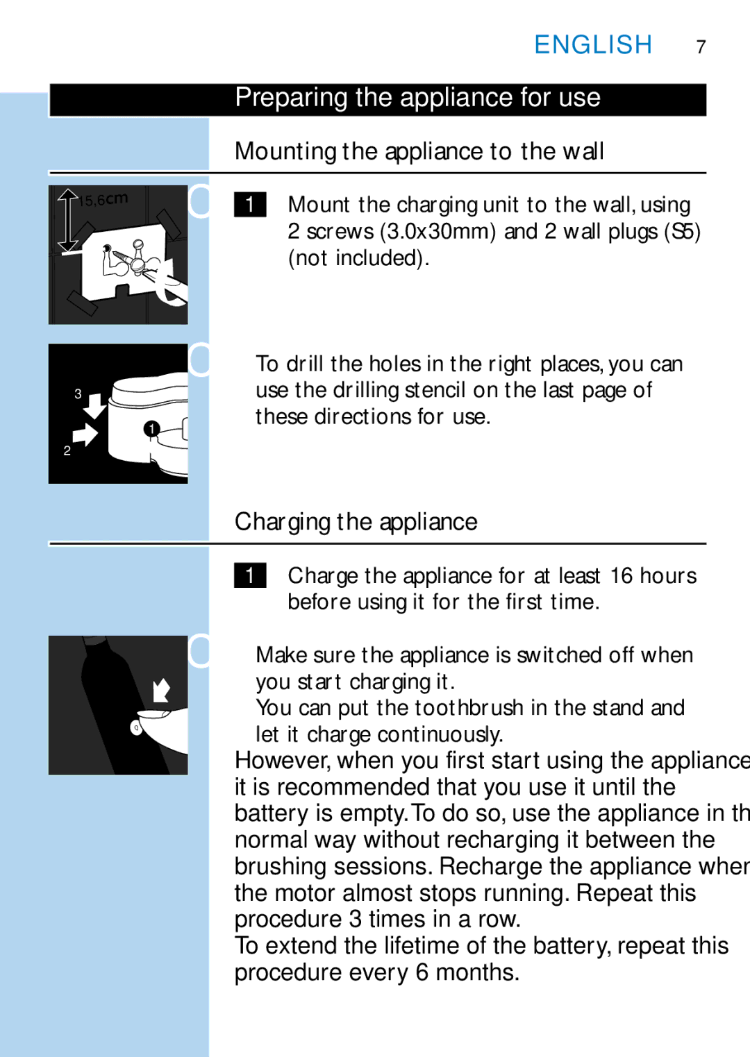 Philips HX1514, HX1511, HX1510 Preparing the appliance for use, Mounting the appliance to the wall, Charging the appliance 