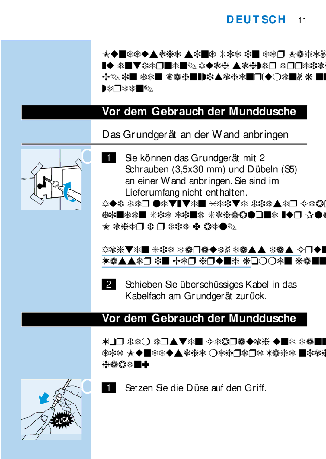 Philips HX2225 Vor dem Gebrauch der Munddusche, Das Grundgerät an der Wand anbringen, Wasser in Berührung kommen kann 