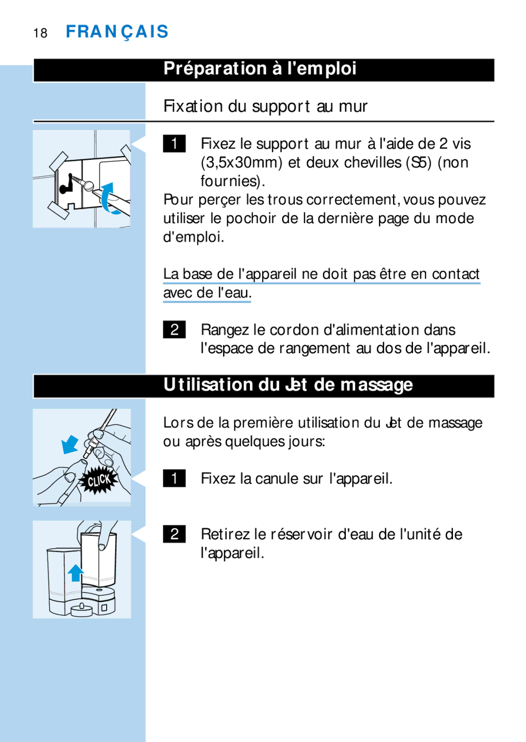 Philips HX2225 manual Préparation à lemploi, Fixation du support au mur, Utilisation du Jet de massage, Avec de leau 