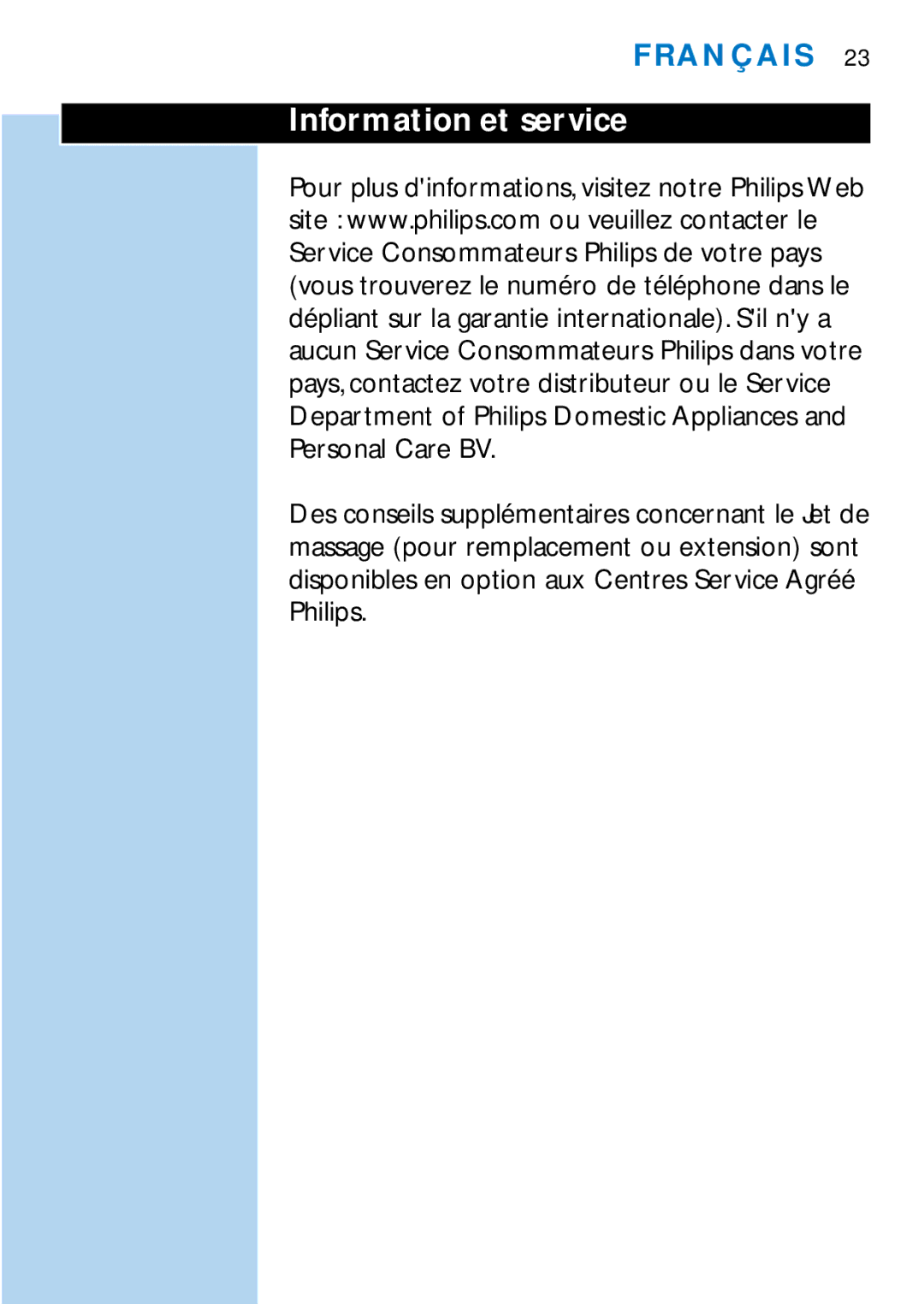 Philips HX2225 manual Information et service 