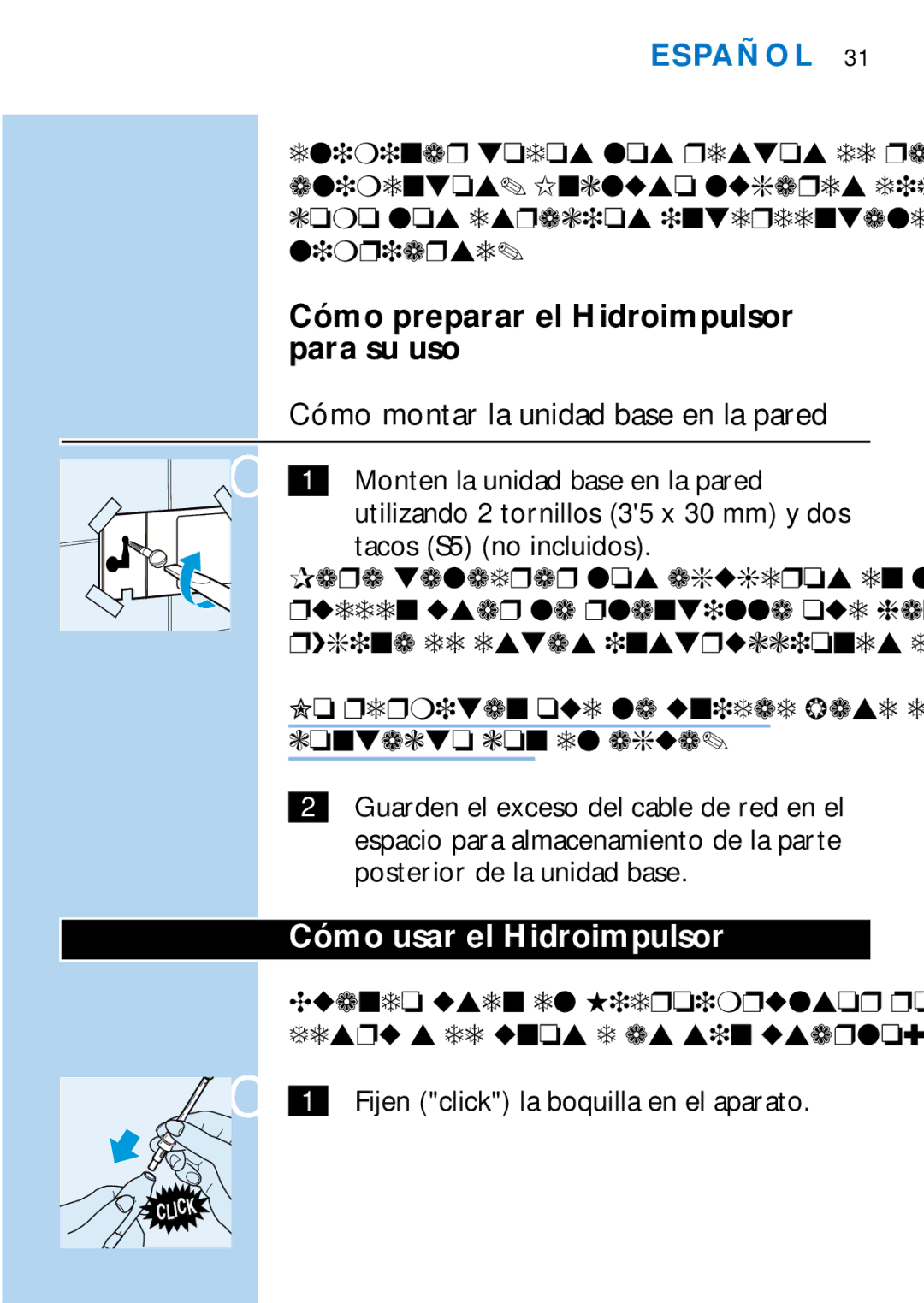 Philips HX2225 manual Cómo montar la unidad base en la pared, Cómo usar el Hidroimpulsor 