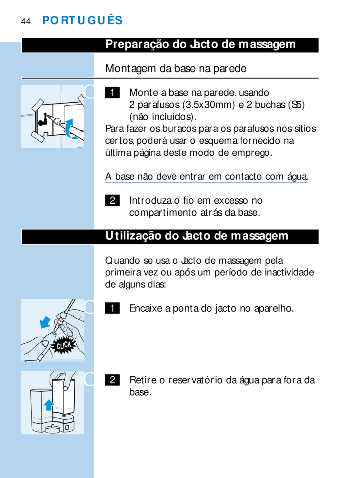 Philips HX2225 manual Preparação do Jacto de massagem, Montagem da base na parede, Utilização do Jacto de massagem 