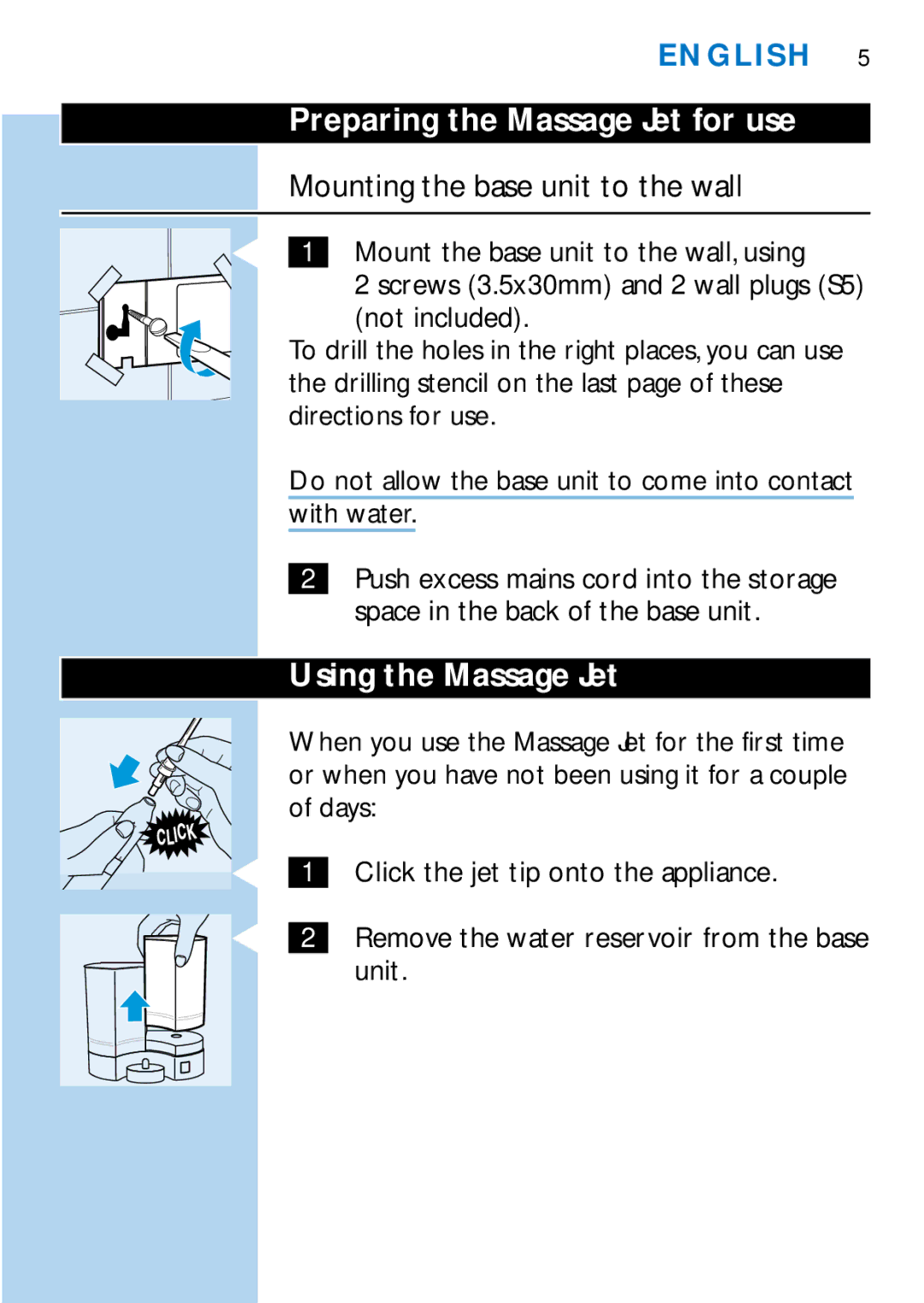Philips HX2225 manual Preparing the Massage Jet for use, Mounting the base unit to the wall, Using the Massage Jet 