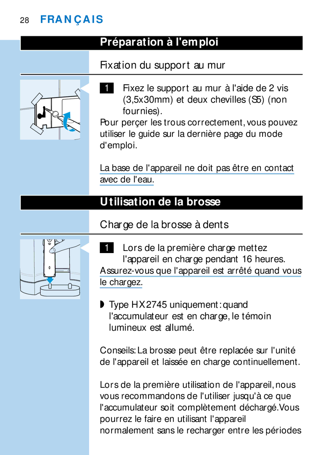 Philips HX2745 Préparation à lemploi, Fixation du support au mur, Utilisation de la brosse, Charge de la brosse à dents 