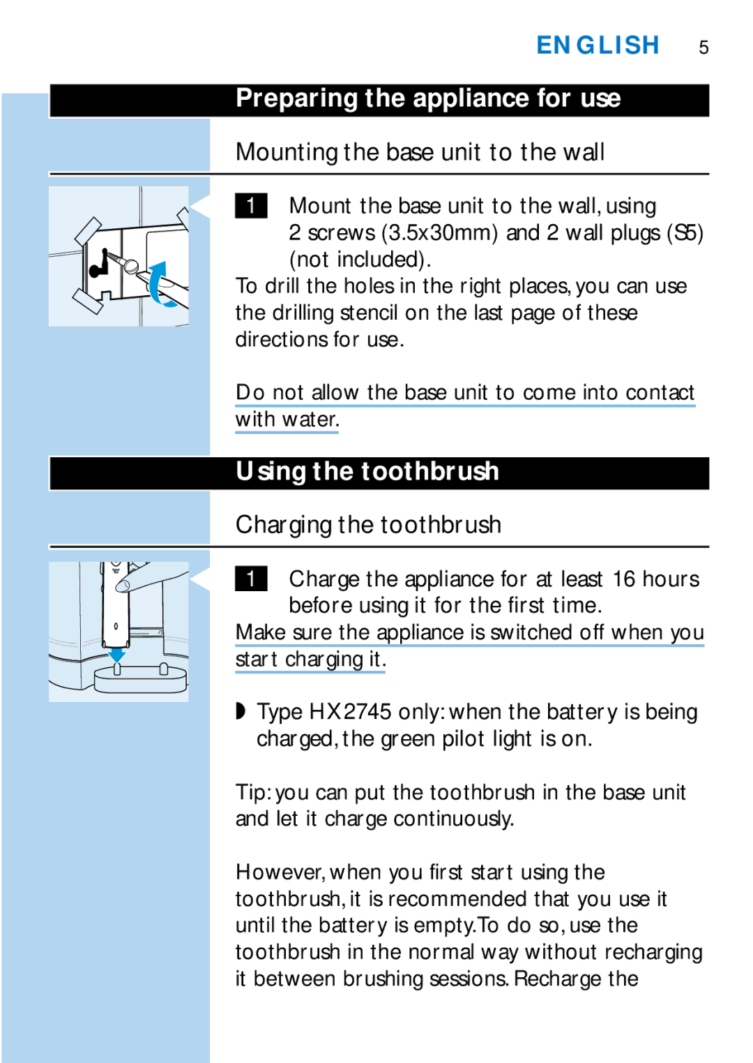 Philips HX1725, HX2745 manual Preparing the appliance for use, Mounting the base unit to the wall, Using the toothbrush 