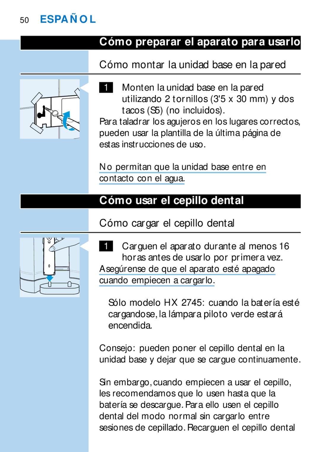Philips HX2745 Cómo preparar el aparato para usarlo, Cómo montar la unidad base en la pared, Cómo usar el cepillo dental 