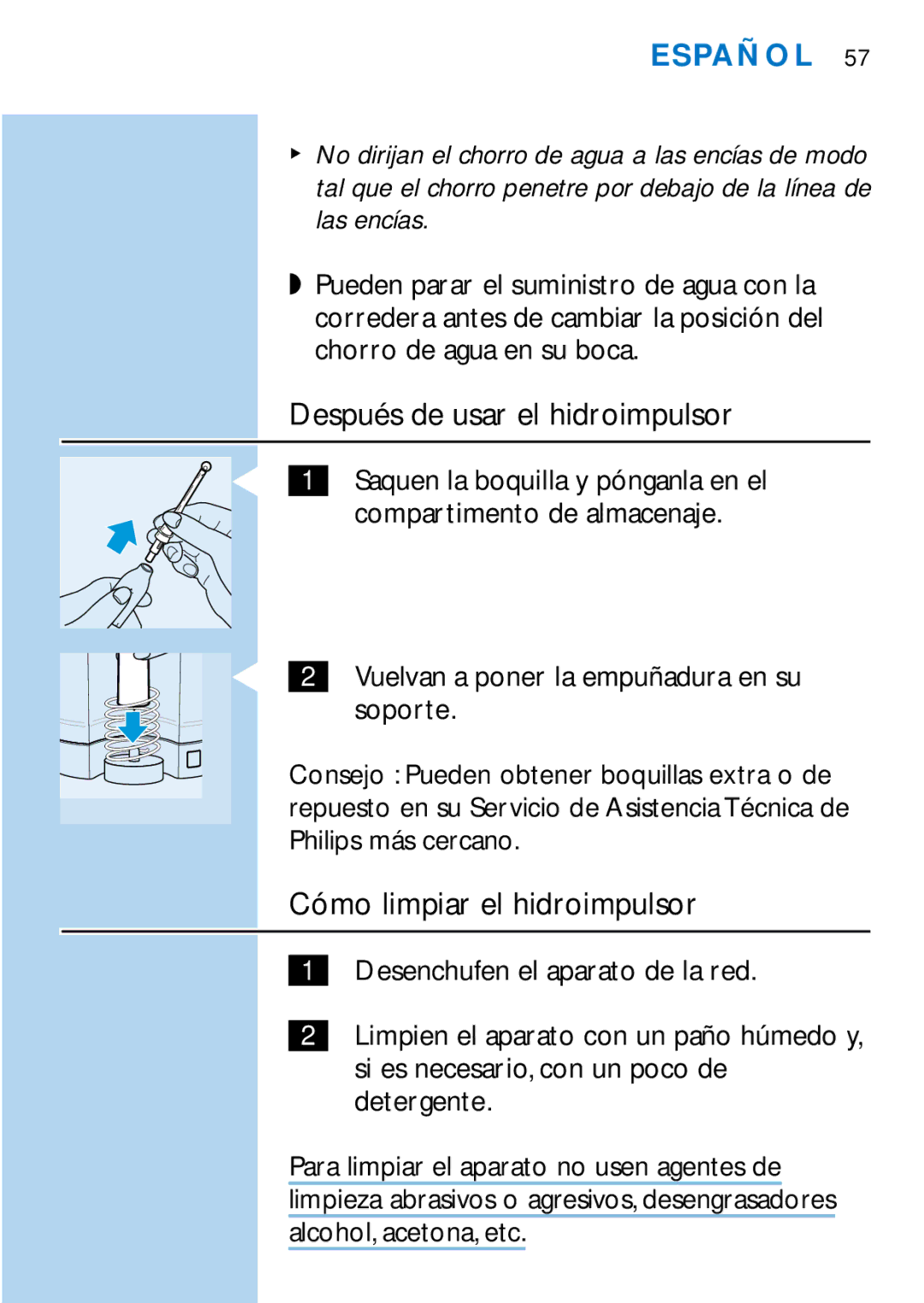 Philips HX1725, HX2745 manual Después de usar el hidroimpulsor, Cómo limpiar el hidroimpulsor 