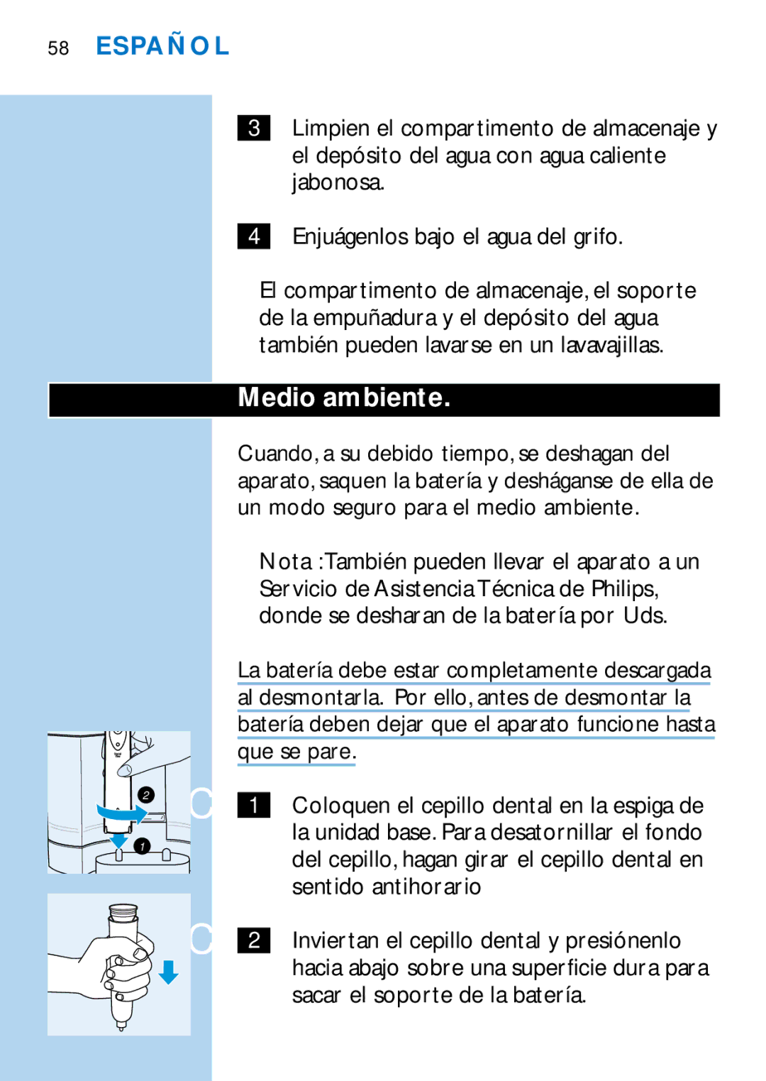 Philips HX2745, HX1725 manual Medio ambiente, Que se pare, Sentido antihorario, Sacar el soporte de la batería 