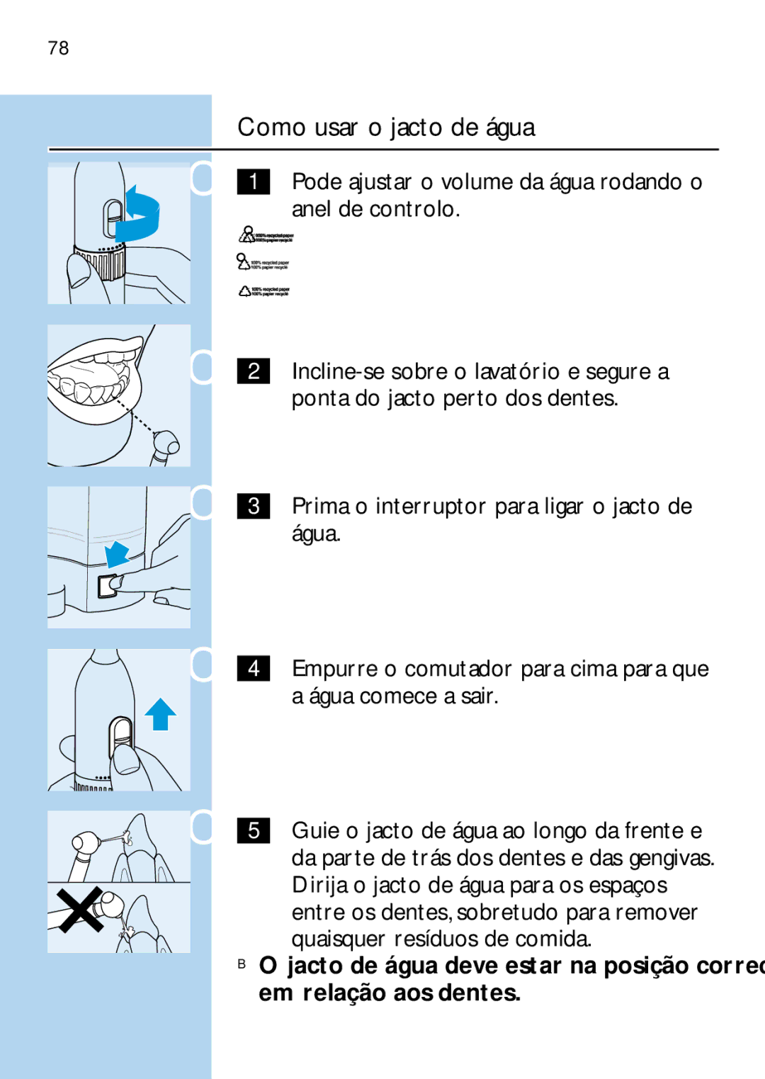 Philips HX2745, HX1725 manual Como usar o jacto de água 