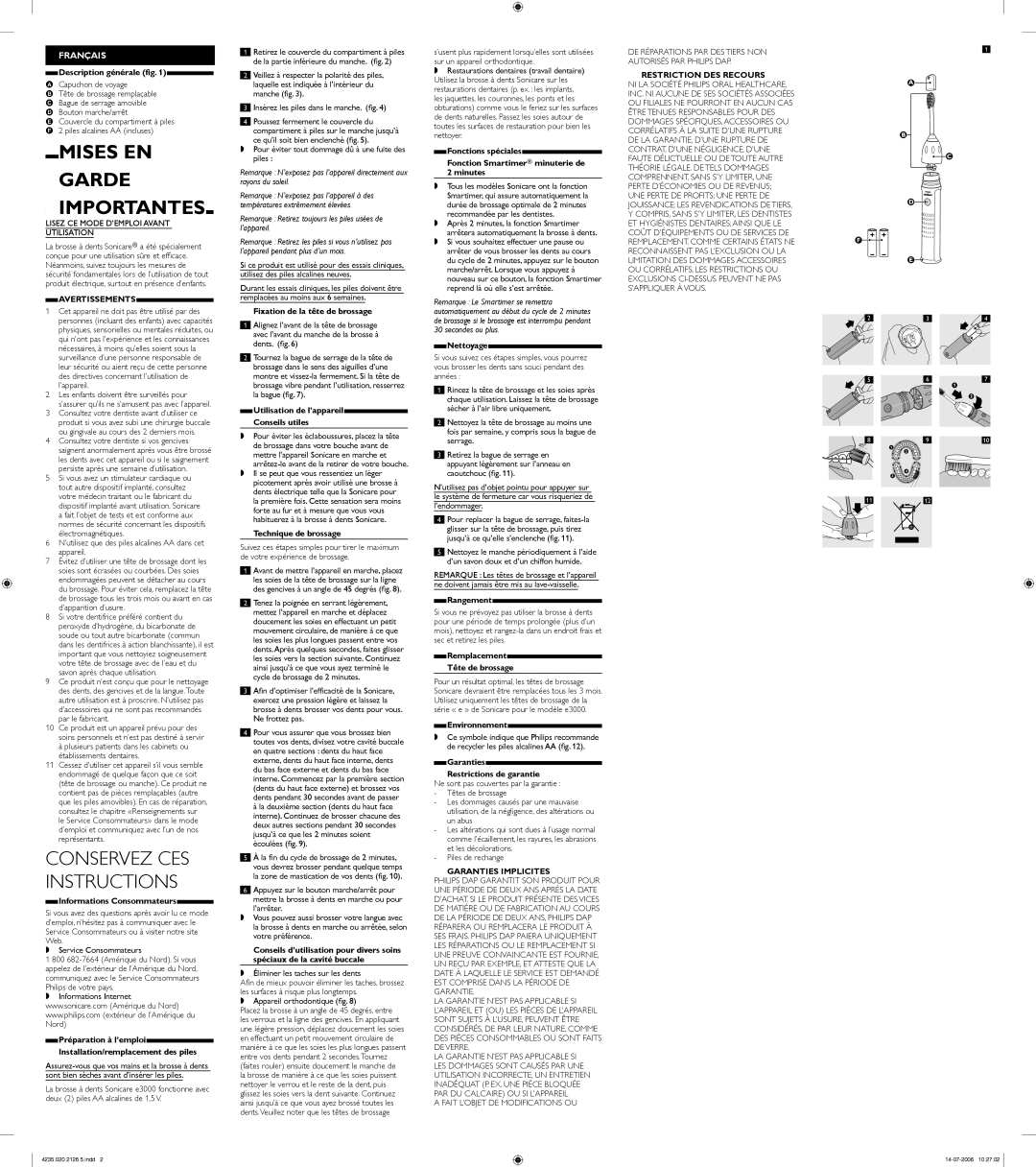 Philips HX3351/02, HX3300 Description générale fig, Informations Consommateurs, Fixation de la tête de brossage, Nettoyage 