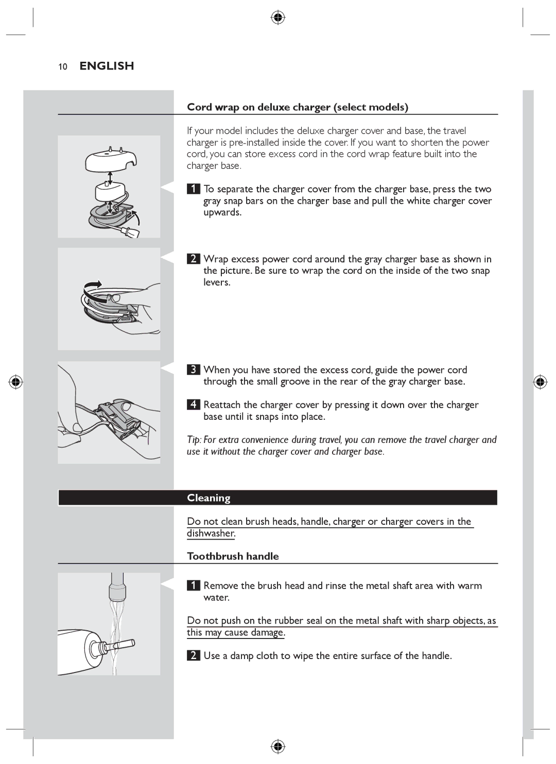Philips HX6710 manual Cord wrap on deluxe charger select models, Cleaning, Toothbrush handle 