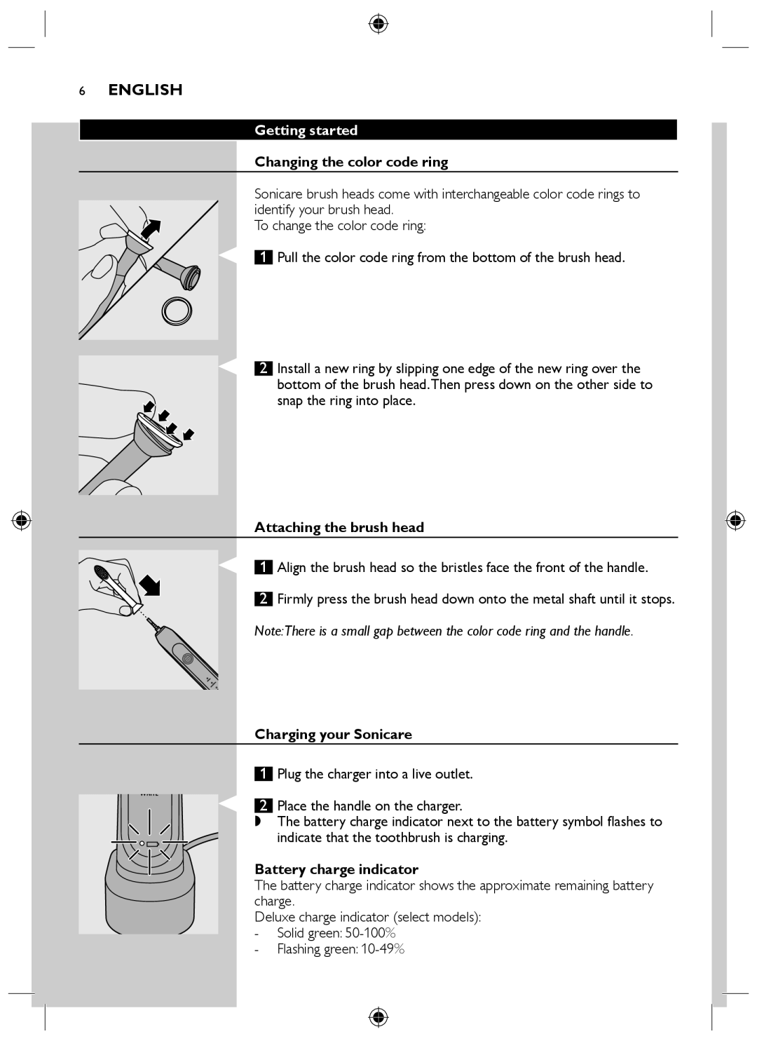 Philips HX6710 manual Getting started, Changing the color code ring, Attaching the brush head, Charging your Sonicare 