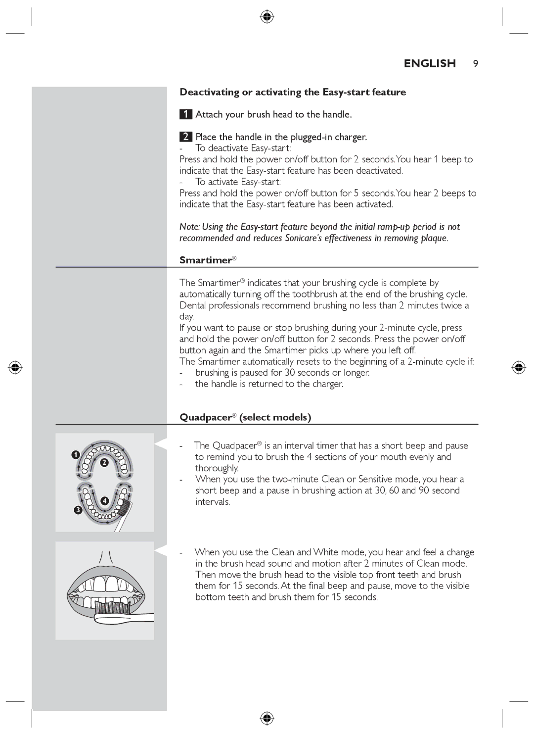 Philips HX6710 manual Deactivating or activating the Easy-start feature, Smartimer, Quadpacer select models 