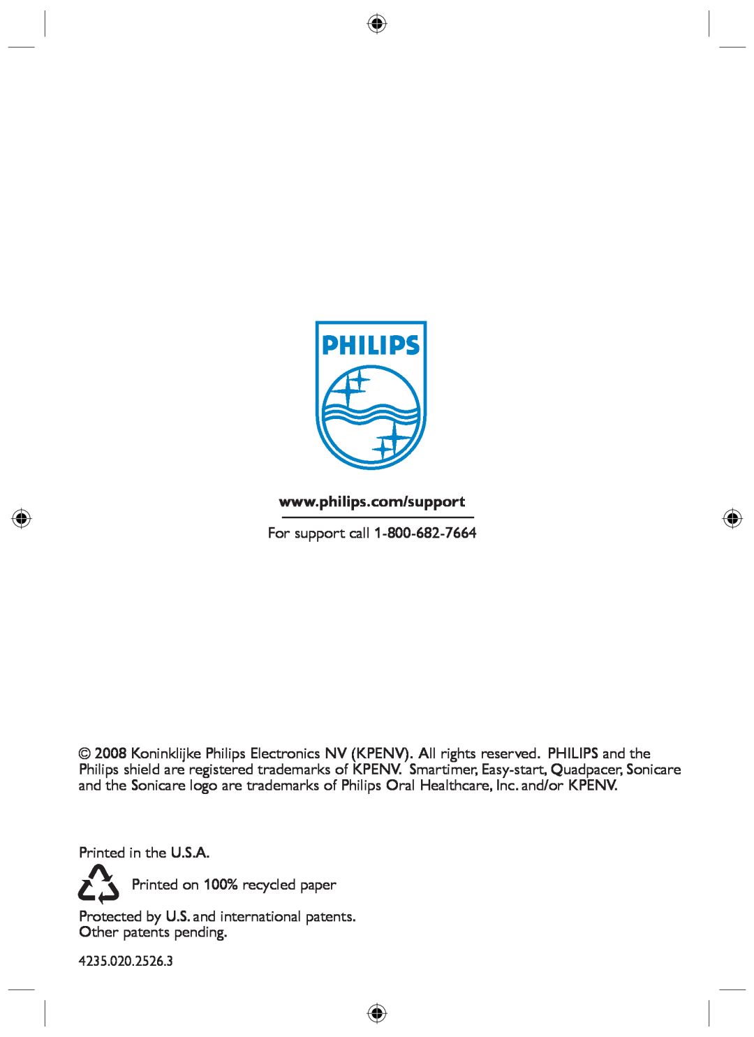 Philips HX6710 manual For support call, Printed in the U.S.A Printed on 100% recycled paper 